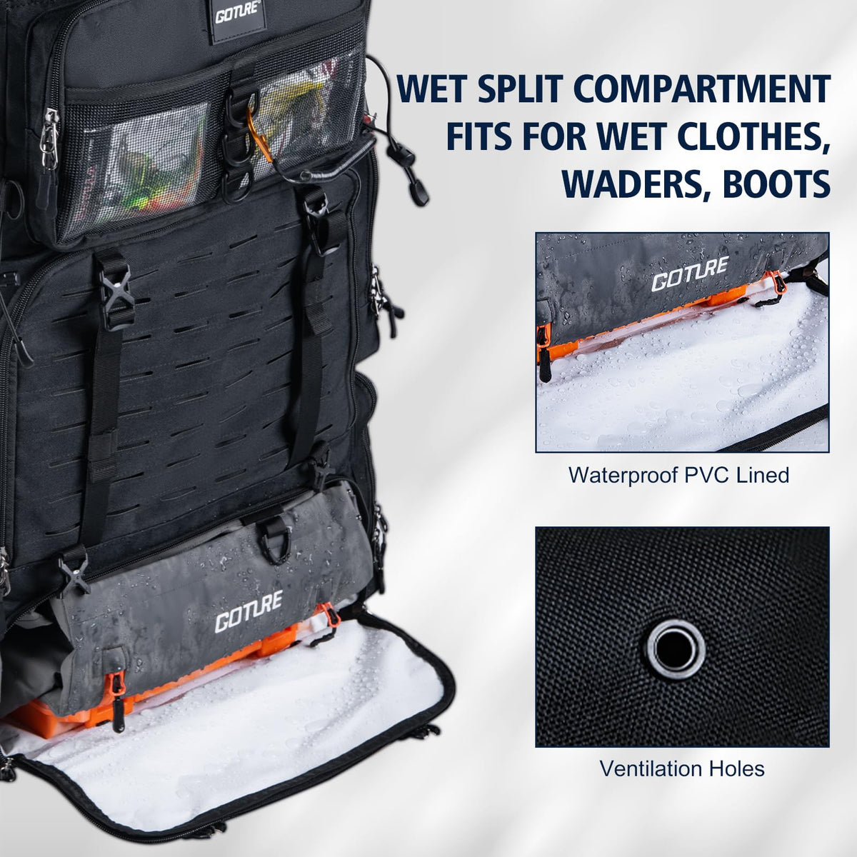 Goture Fishing Backpack with Cooler, 72L 600D Tackle Backpack Included 4 3700 Tackle Boxes, Dry & Wet Split Compartment, Large Fishing Tackle Bag with Rod Holders,Rain Cover for Travel Camping Hiking