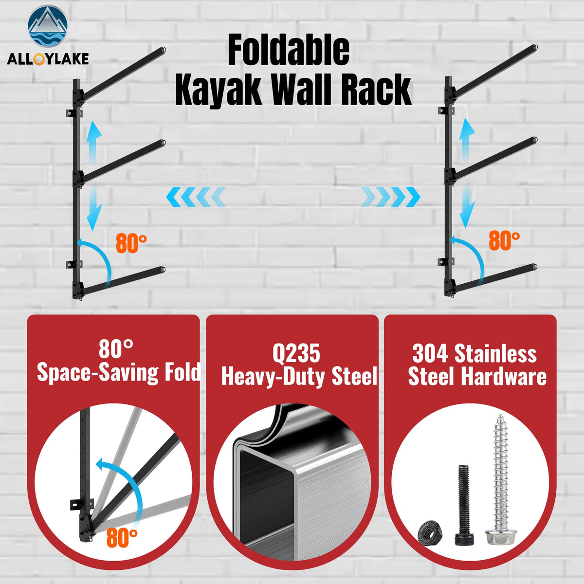 AlloyLake 3-Tier Foldable Kayak Wall Rack, 360LBS Heavy Duty Kayak Storage Rack for Garage, Rustproof 304 Stainless Steel Kayak Hanger for Indoor Outdoor, Wall Mount for SUPs, Canoes, Surfboards