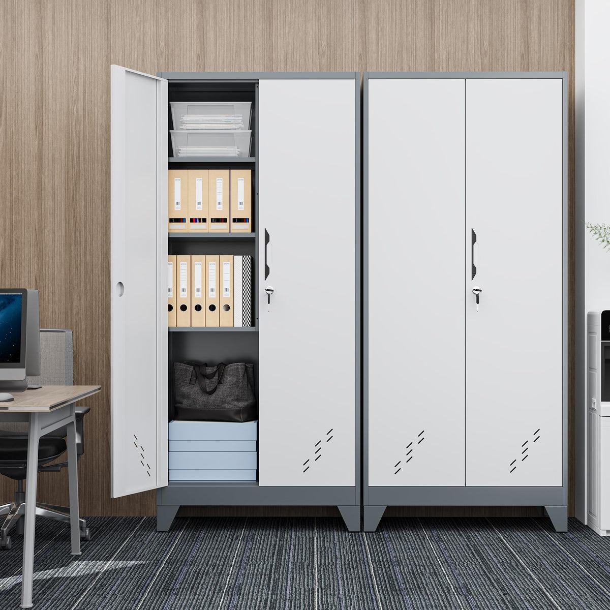 LyAosdFu 61" Metal Storage Cabinet with Lockable Doors, Cleaning Supply Cabinet with Pegboard and Hanging Rod. Garage Tool Storage Cabinets for Home, Laundry, Office, Home Kitchen Utility Cabinet