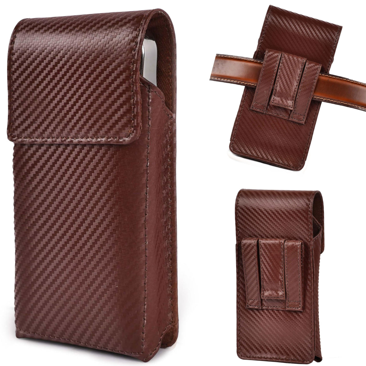 LEATHER VILLAGE Carbon Fiber Genuine Leather Phone Holster with Belt Clip - Compatible with iPhone 16, 16 Pro, 15, 15 Pro, 14, 14 Pro, 13, 13 Pro, 12, 12 Pro, 11, Galaxy S25, S24, S23 - Brown - M