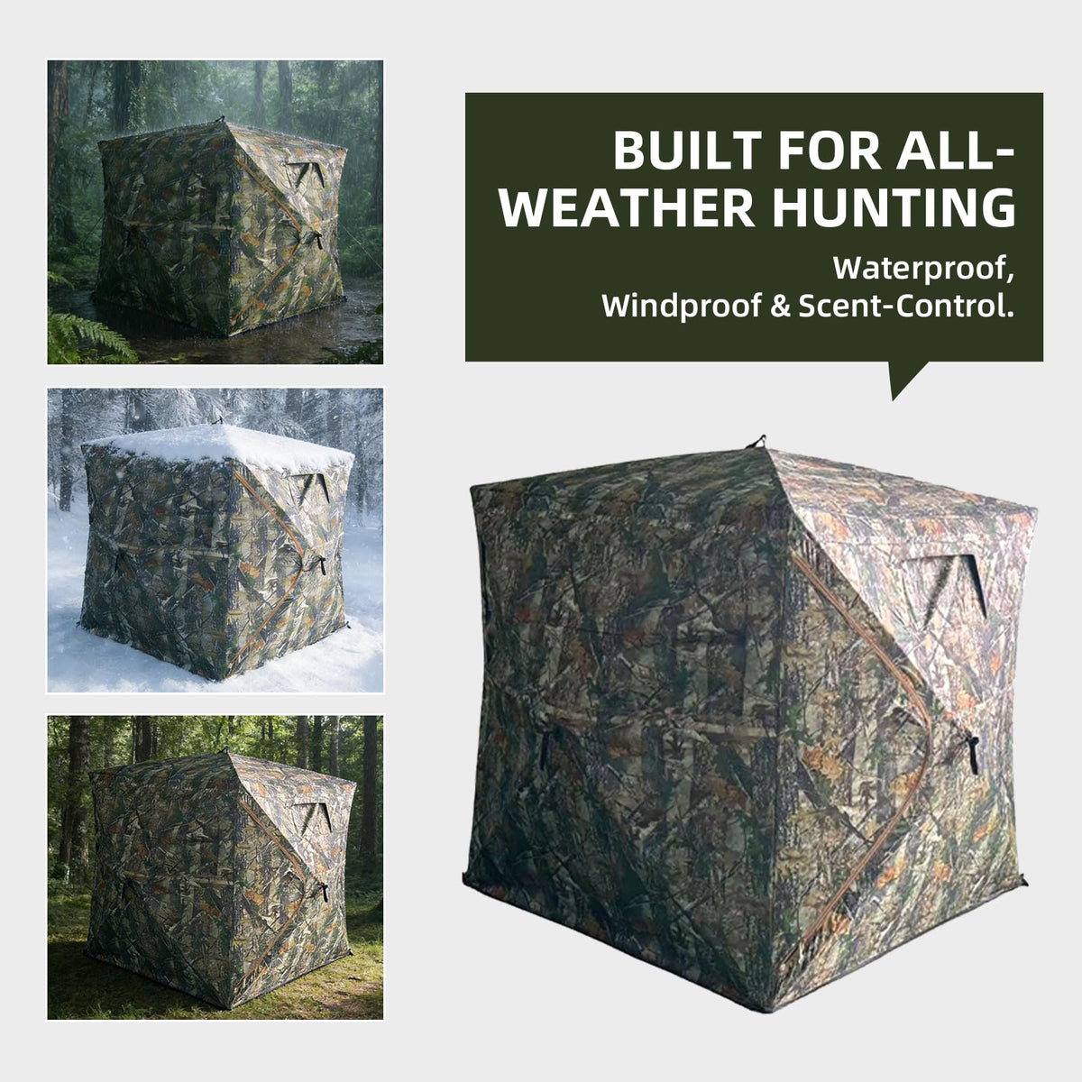 2-3 Person Ground Blind, 270° One-Way See Through Hunting Blind, Heavy Duty 600D 3000mm Waterproof Oxford, Silent Slide Windows & Zippers, 4-Season Portable Stealth Blind for Deer & Turkey