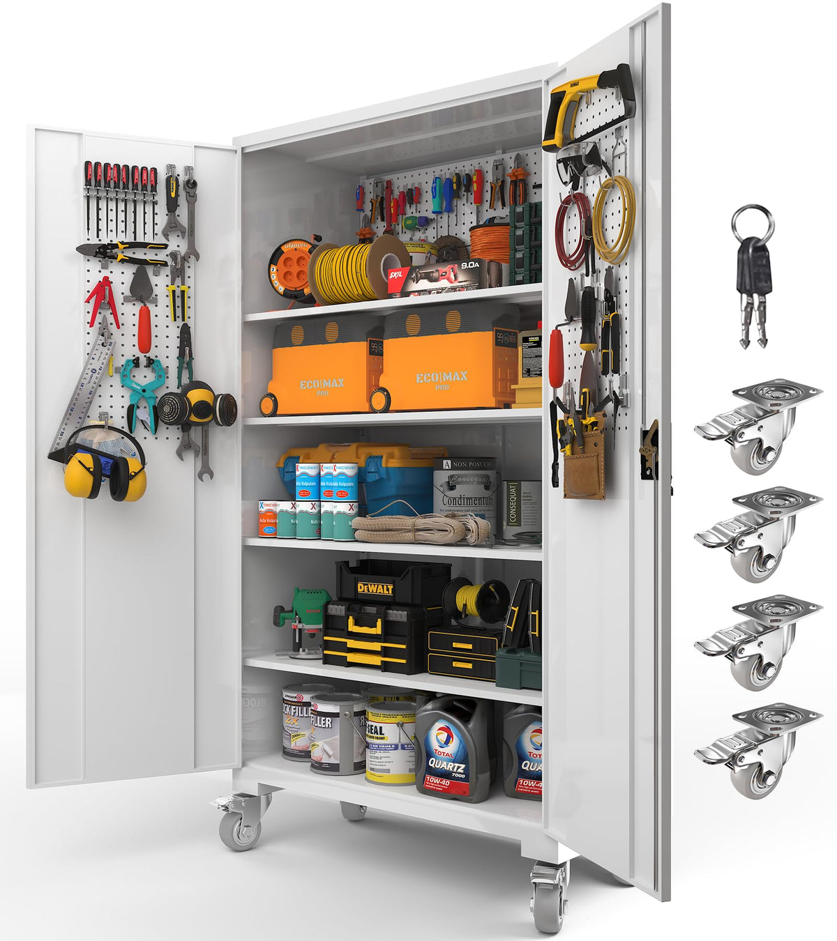 Upgraded Tall & Wide Metal Storage Cabinet with Doors & 4 Adjustable Shelves | Heavy-Duty Black Lockable Garage Cabinet with Wheels & Pegboard for Office, Gym, Basement, Warehouse (White)