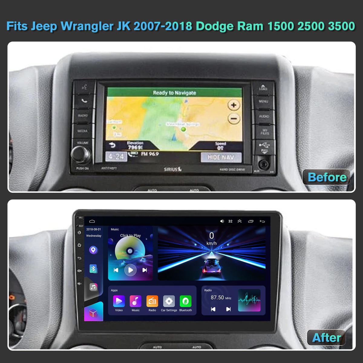 4G+64G Android 13 Car Radio for Jeep Wrangler JK 2007-2018 Dodge Ram 1500 2500 3500,10" Touch Wireless Carplay&Android Auto Support Touchscreen Radio Upgrade with AHD Camera,GPS Navigation,SWC,WiFi