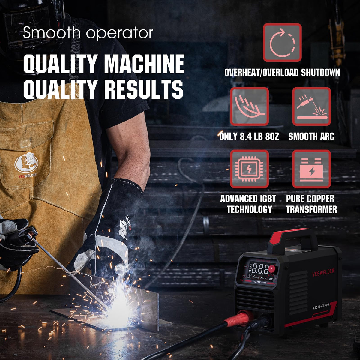 YESWELDER 205Amp Stick Welder Large LED Display, Digital Inverter IGBT ARC Welding Machine, 110V/220V Dual Voltage Hot Start Portable MMA Welder Machine, Arc Force