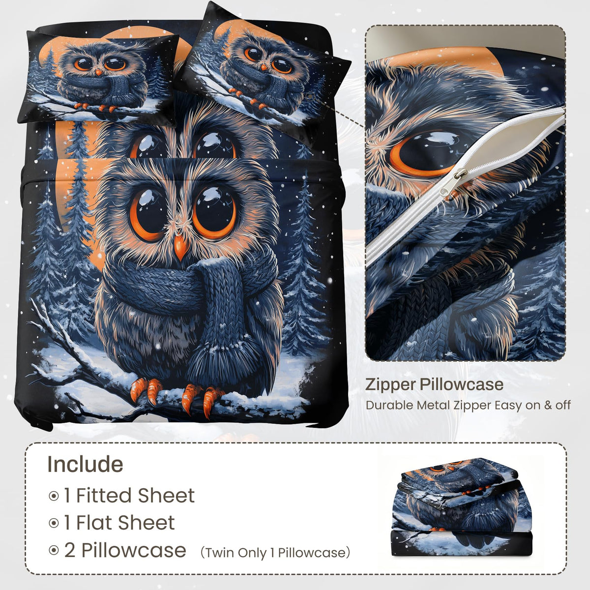 Owl Sheet Set, 4 Pcs Queen Size Kids Forest Animal Bed Sheets