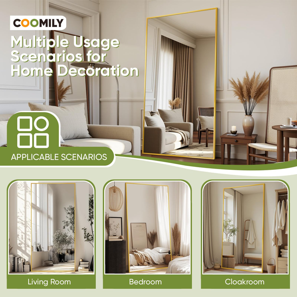 Coomily Full-Length Floor Mirror with Stand, 71"x32" Rectangle Style Full Body Standing Mirror for Bedroom, Living Room, Gym, Dorm - Shatter-Resistant & Easy Assembly, Gold