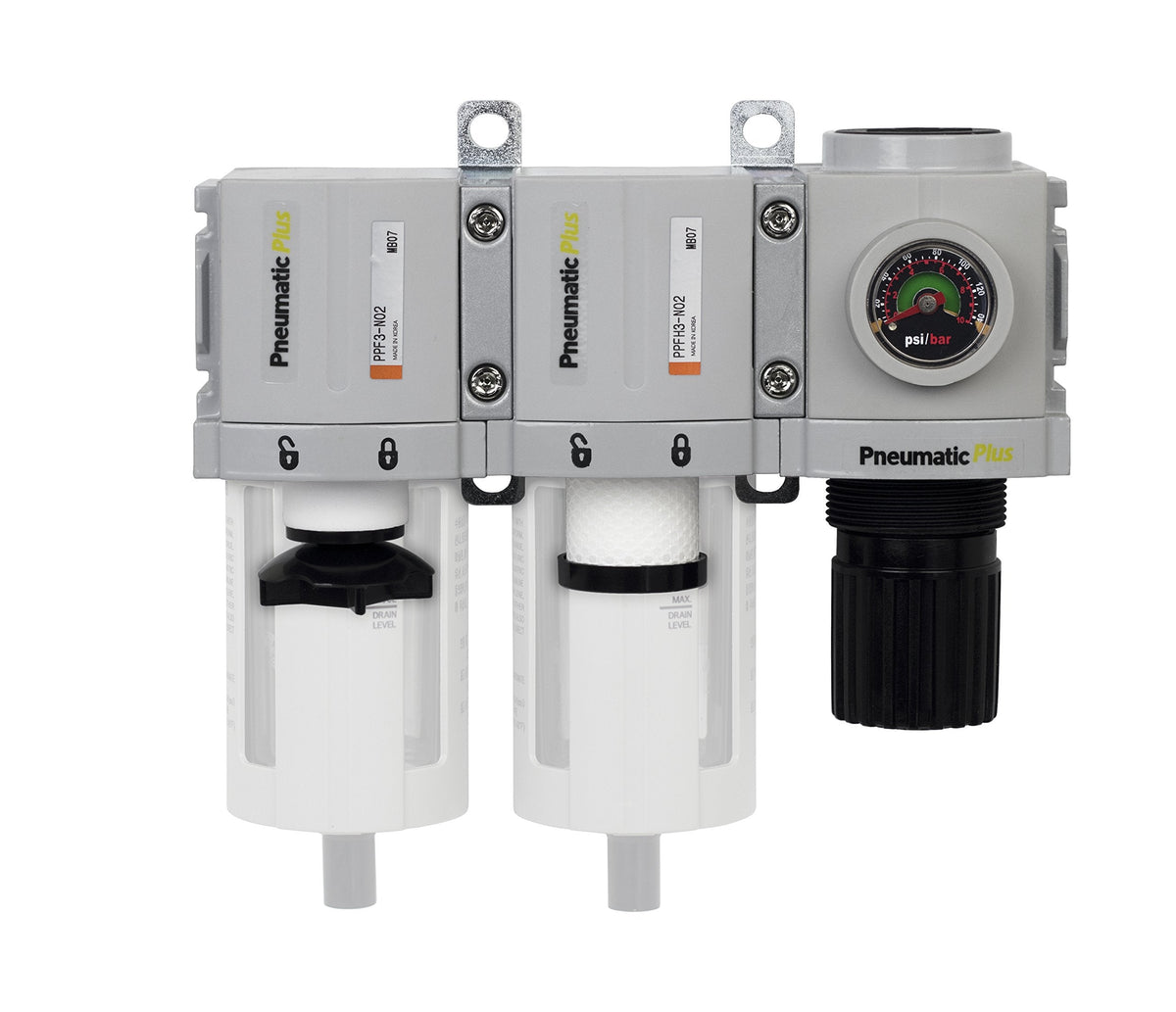PneumaticPlus PPC3C-N02G Compressed Air Drying System- Particulate Air Filter, Coalescing Filter & Air Pressure Regulator Combo 1/4" NPT (High Flow), Poly Bowl with Guard, Manual Drain