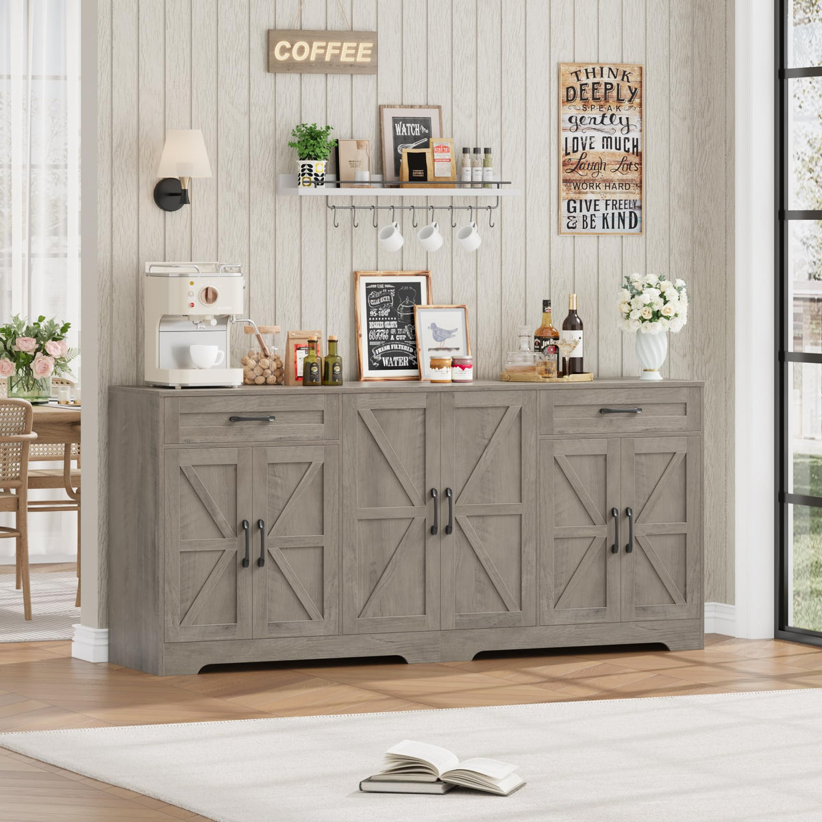 BOTLOG 71” Large Sideboard Buffet Cabinet with Storage, Farmhouse Kitchen Buffet Cabinet with Adjustable Shelves and 6 Barn Doors, Wood Coffee Wine Bar Console Table, White, Ash Grey (Ash Grey)