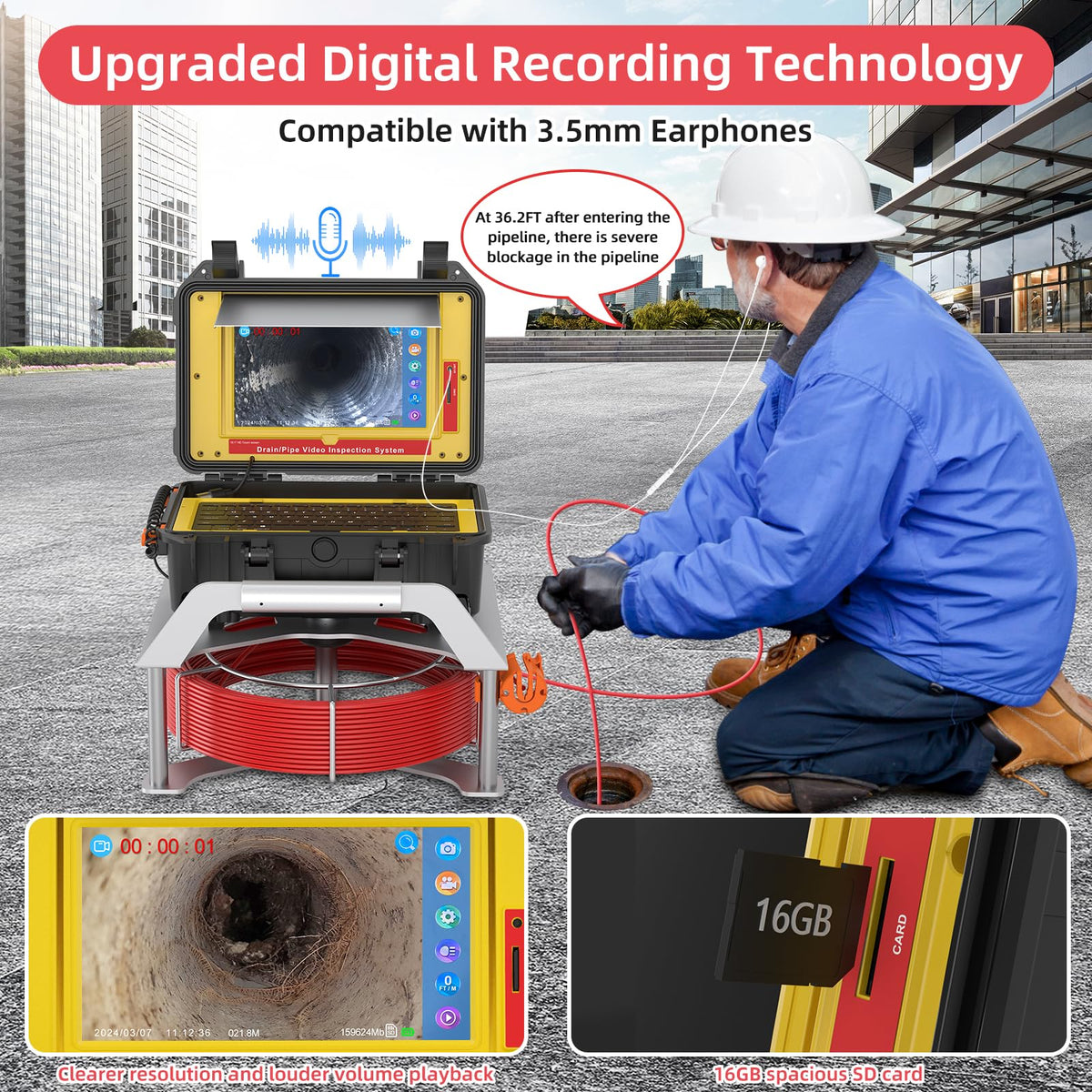 Sanyipace Drain Camera with Locator, Self-Leveling Sewer Camera 100FT/30M, 7MM Cable Pipe Camera with 512Hz Sonde, Distance Counter, Touch Control, Wireless Keyboard, for Plumbing Inspection