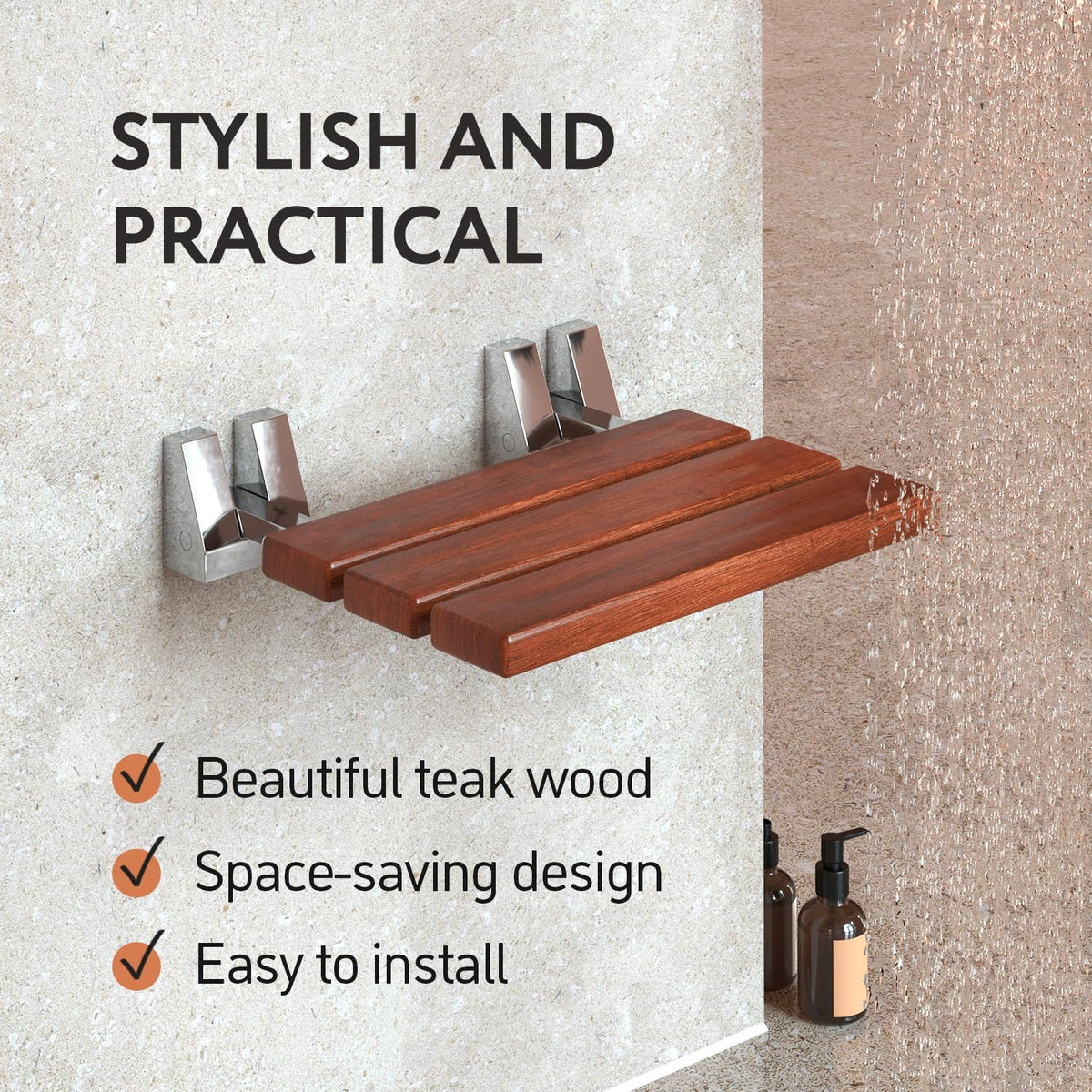 Folding Shower Seat - Teak Shower Seat Wall Mounted - 16 Inch Floating Fold Down in Shower Bench - Fold Up Bathroom Stool - Foldable Teak Wood Chair with Stainless Steel Wall Mount - 330lb Capacity