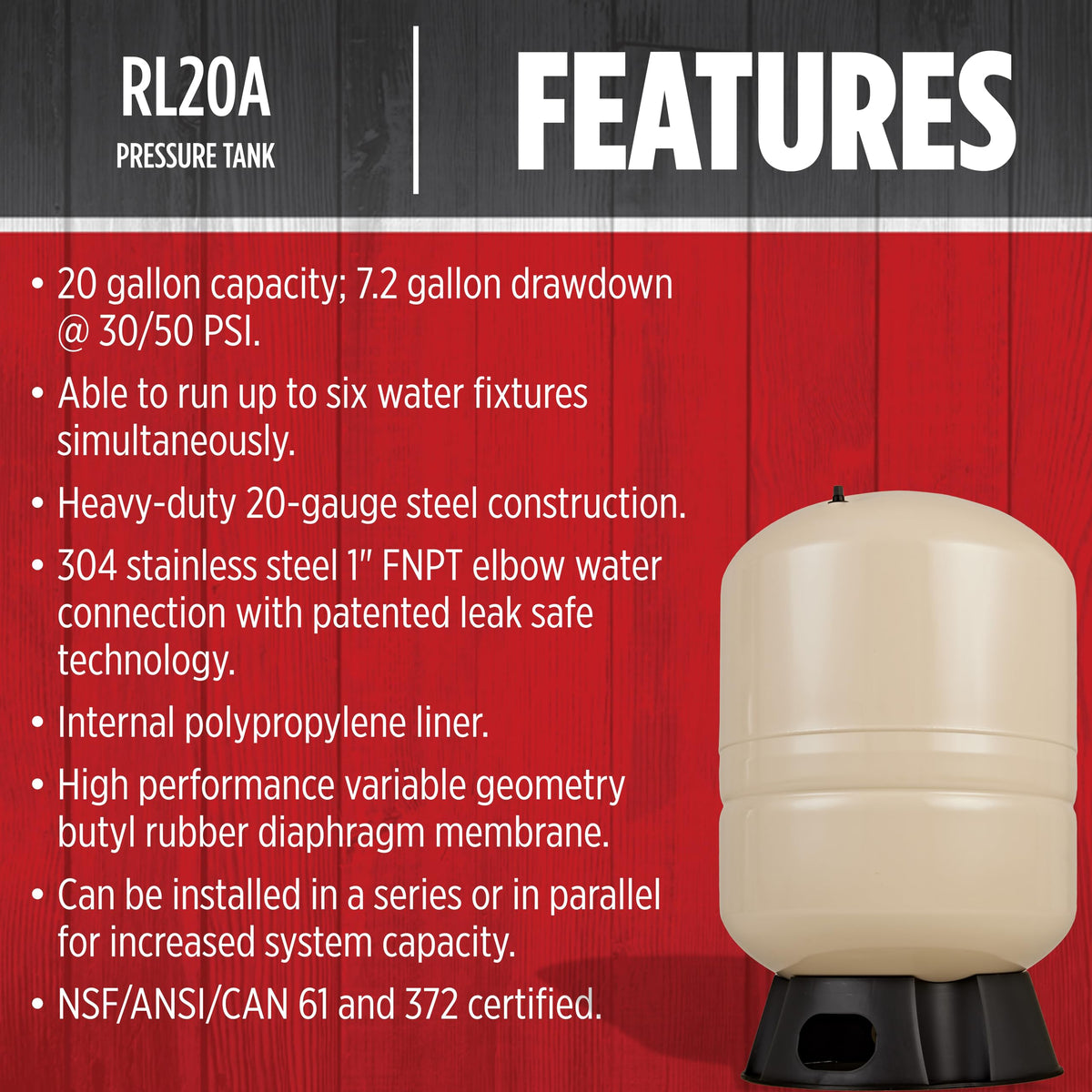 Red Lion RL20A - 20-Gallon Vertical Pre-Charged Pressure Tank with Thermoplastic Base for Well Pumps, 1-Inch FNPT Elbow System Connection, Almond, 604682