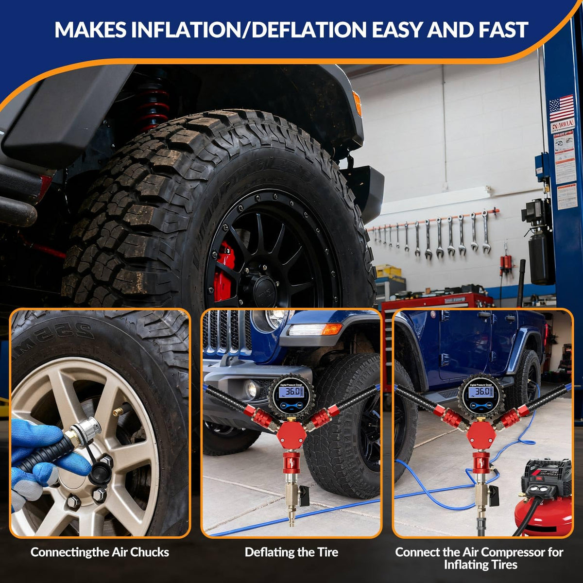 MILADO 4 Tire Inflation System, 4 Tire Inflation Deflation System, 4 Way Tire Inflator, Off Road Tire Inflator with Gauge, Air Down Tire Deflators Kit for Trucks Jeeps Fits Up to 155" Wheelbase
