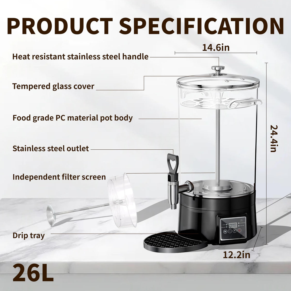 GKFF Commercial Coffee Urn Hot Beverage Dispenser Coffee Maker, Food-grade Plastic 26 L 170 Cups, Hot Chocolate Machine, Electric Percolator for Catering Hot Water for Hot Cocoa, Drink, Tea, Juice