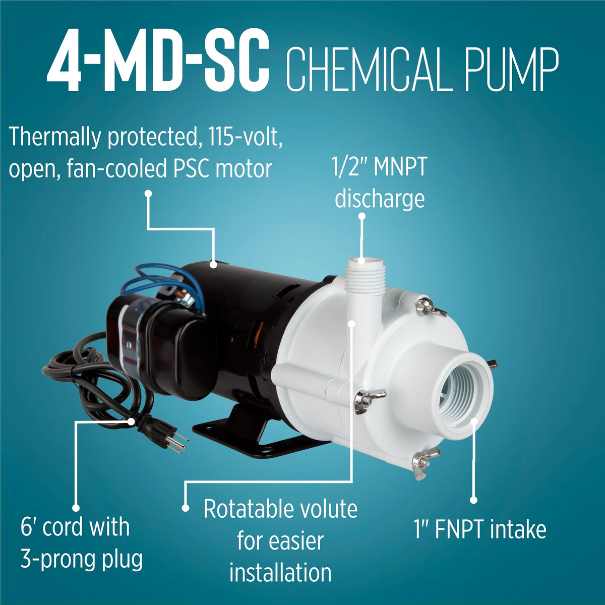 Little Giant 115 Volt, 1/10 HP, 840 GPH, 4-MD-SC Non-Submersible Semi-Corrosive Chemical Magnetic Drive Pump, 6-Foot Cord with Plug, Black/White, 582503