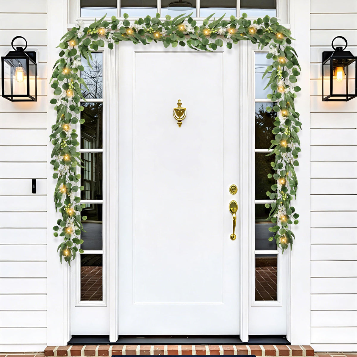 MDSTBN Eucalyptus Garland with Lights, 6FT Spring Garland Eucalyptus Leaves with Flower Berries Artificial Greenery Vine for Mantle Porch Wall Wedding Arch Backdrop Table Decoration