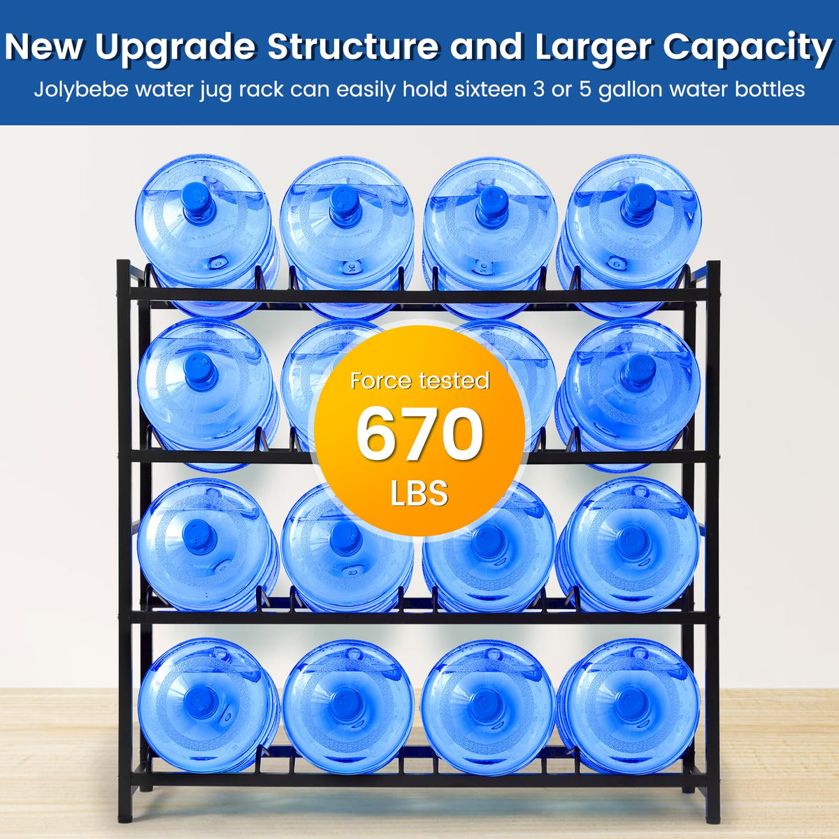 jolybebe 5 Gallon Water Bottle Holder, 5 Gallon Water Jug Stand, 5 Gallon Water Bottle Storage Rack for 6/8 Bottles, Water Jug Organizer for Home Office, garage,Sturdy and Durable (16-slots, Black)