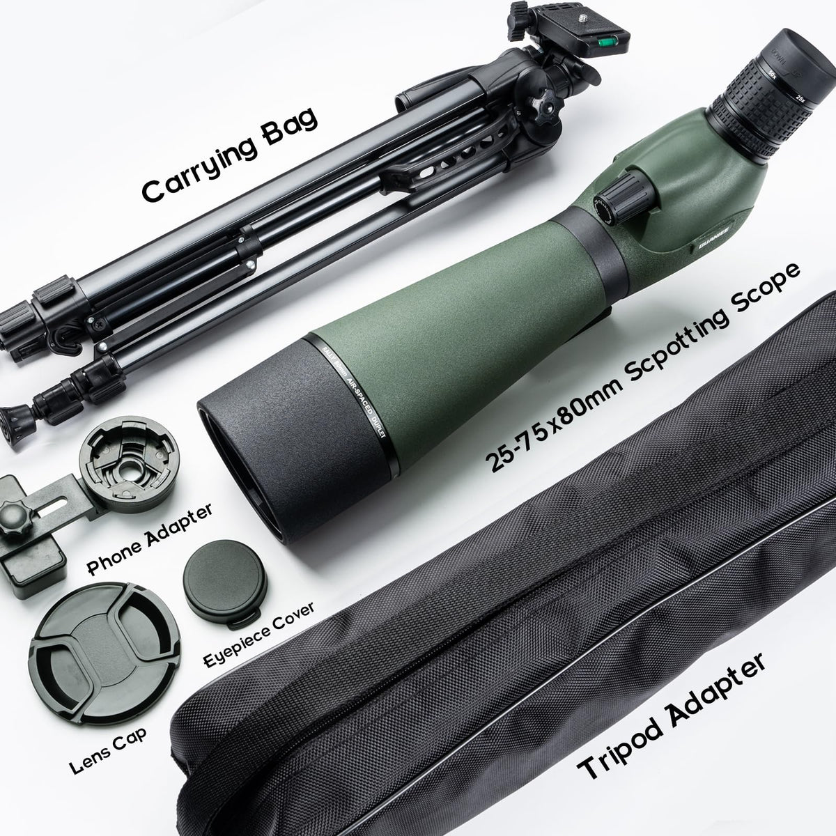 GUANIEE 25-75x80 Spotting Scope for Target Shooting with Full Size Tripod Carrying Bag and Phone Adapter Spotter Scope for Bird Watching, Wildlife Viewing Mud