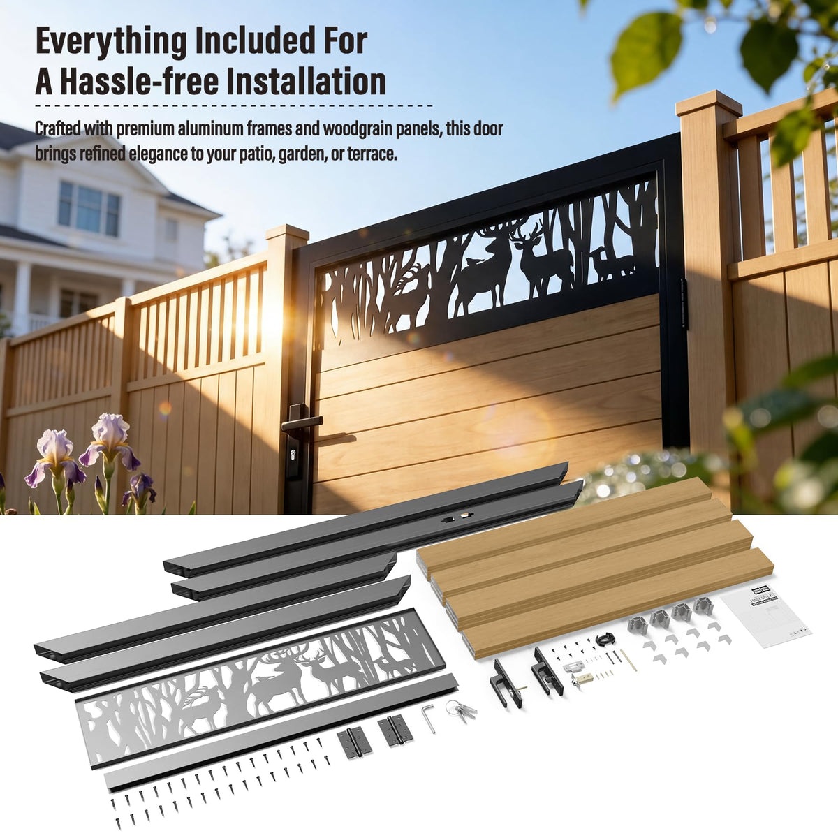 Brukid 4x5 FT Aluminum Fence Gate Kit Wood Grain Aluminum Gate with Decorative Cutout, Lock & Hinges, Left/Right Opening, Weather Resistant for Yard Garden Patio