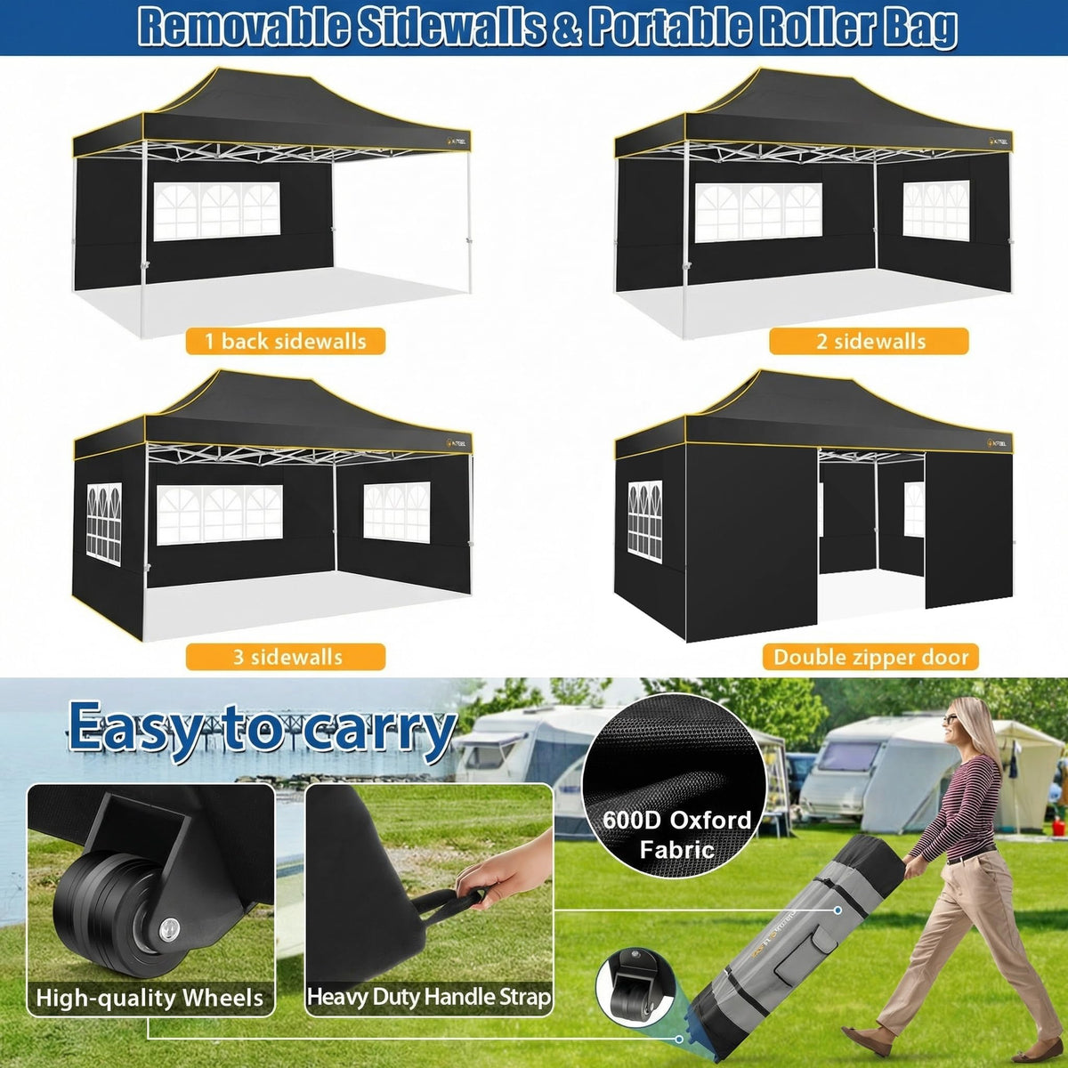 HOTEEL 10x15 Heavy Duty Pop up Canopy Tent for Parties with 4 Sidewalls, Easy Setup Outdoor Commercial Instant Gazebo for Wedding Event, with Roller Bag & Sand Bags, Black(Hexagonal Frame)