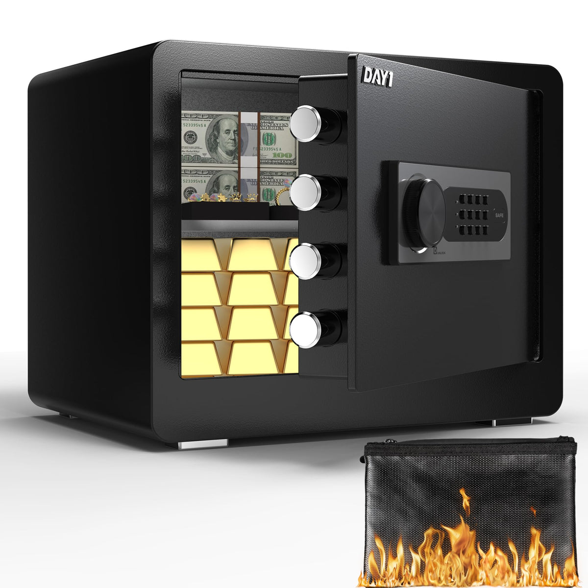 DAYI Safe Box, 1.4 Cubic Feet Home Safe with Fireproof Waterproof Bag, Security Safe Box for Money Cash Valuables, Digital Electronic Keypad, Dual Alarm System, Removable Shelf - D-35