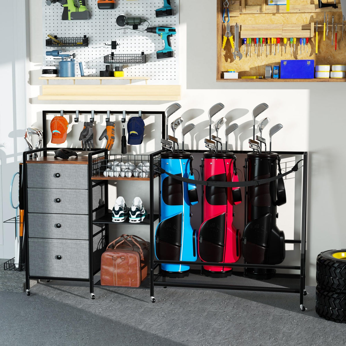 DALEMHOME Golf Bag Storage Rack for Garage, Extra Large 70.07" Golf Organizer Fits 3 Golf Bags, Heavy Duty Metal Golf Equipment Storage Stand with 4 Drawers, Side Basket and Lockable Casters