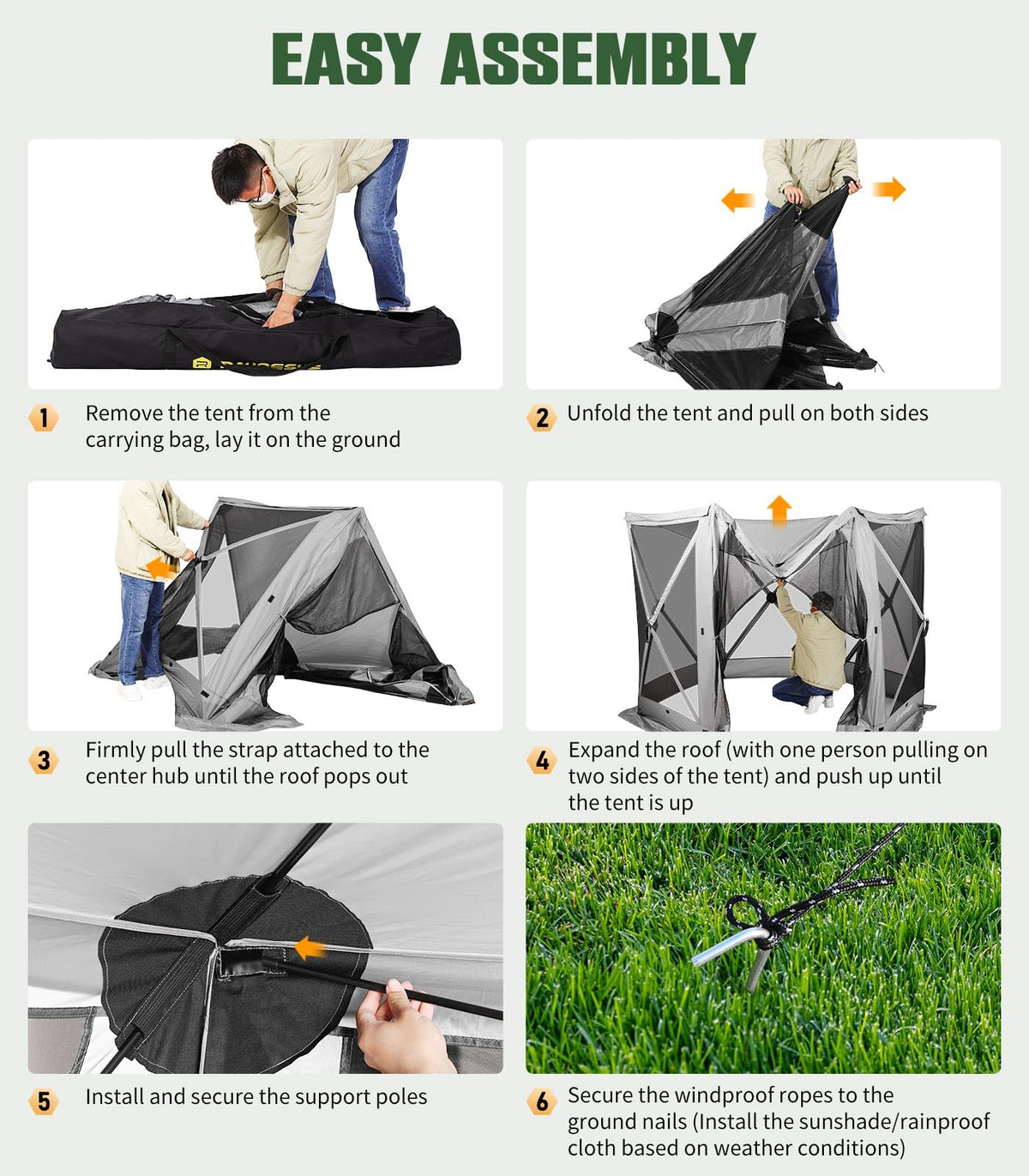 Raynesys 6 Sided Pop Up Gazebo Tent, Outdoor Gazebo with 6 Removable Wind Cloths, Pop-Up Canopy Shelter with Mesh Windows, Quick Set, 12x12 Feet Space, Camping Screen Tent for 8-12 Person Foldable