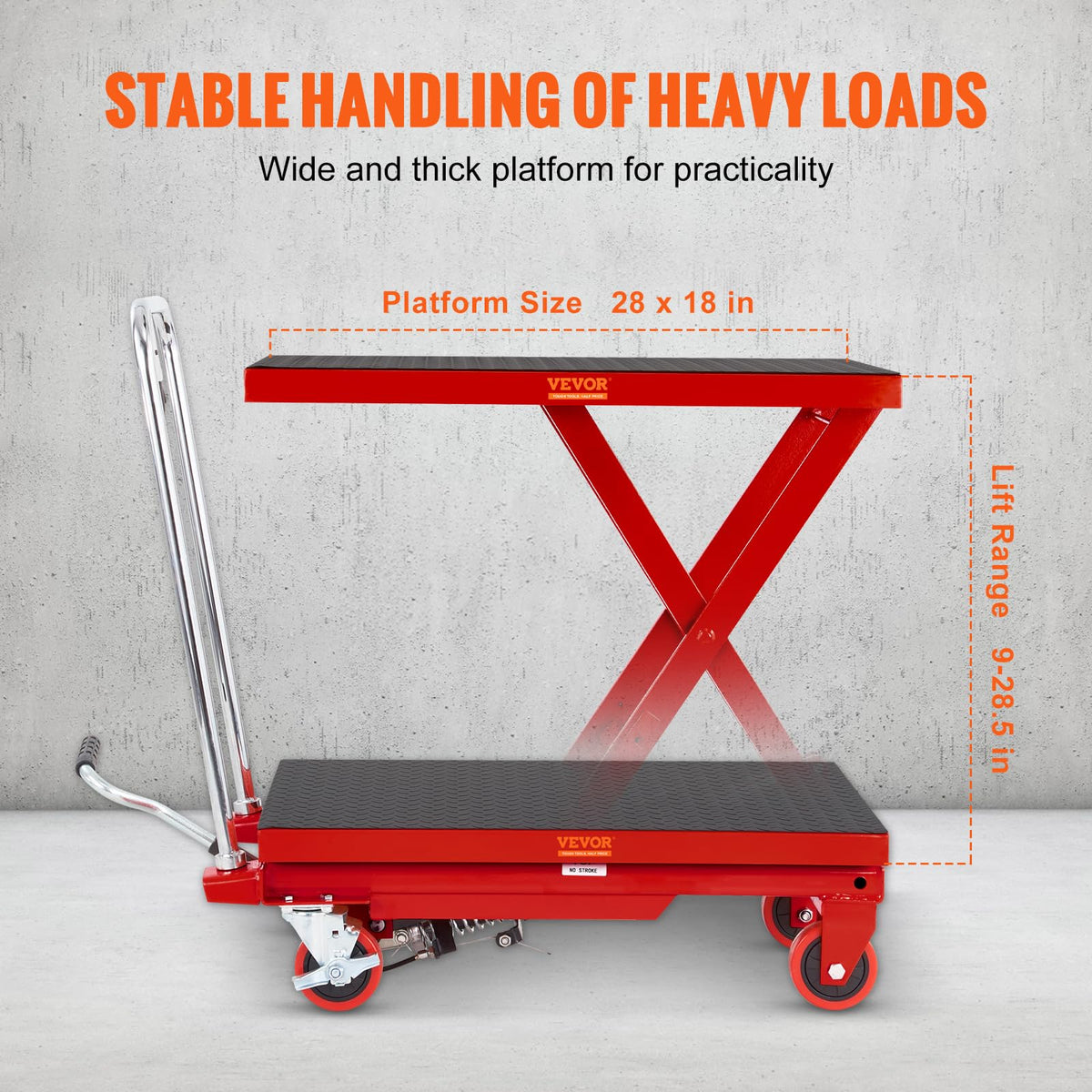 VEVOR TF23 Hydraulic Lift Table Cart, 500lbs Capacity 28.5" with 4 Wheels and Non-Slip Pad, for Material Handling and Transportation, Red