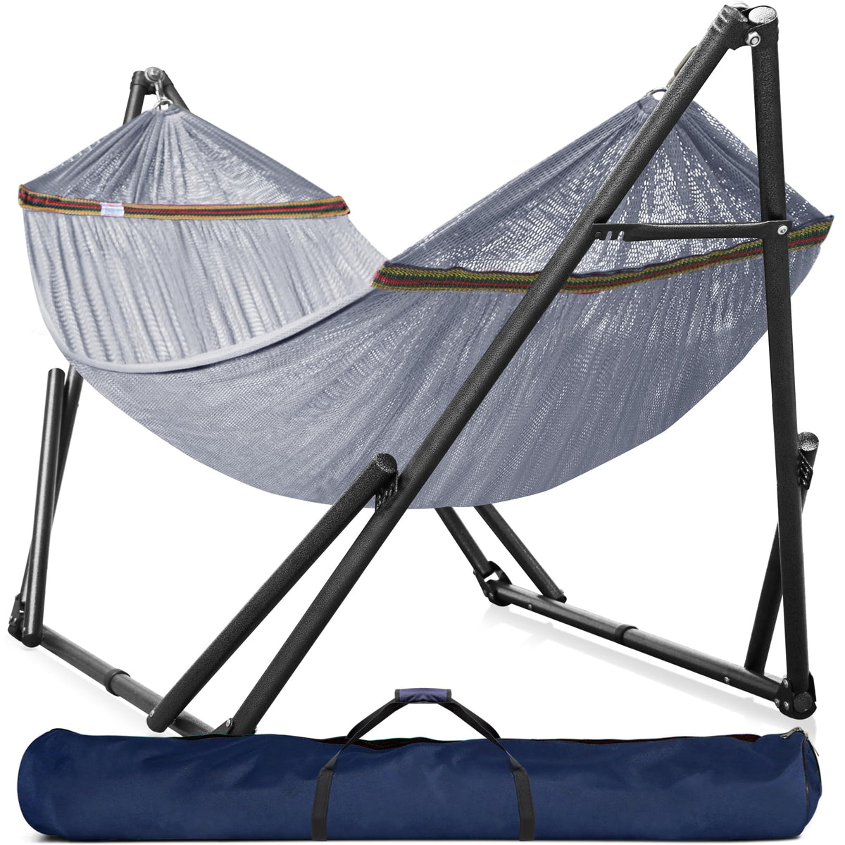 Tranquillo Universal Double Hammock with Stand Included for 2 Persons/Foldable Hammock Stand 600 lbs Capacity Portable Case - Inhouse, Outdoor, Camping, Grey
