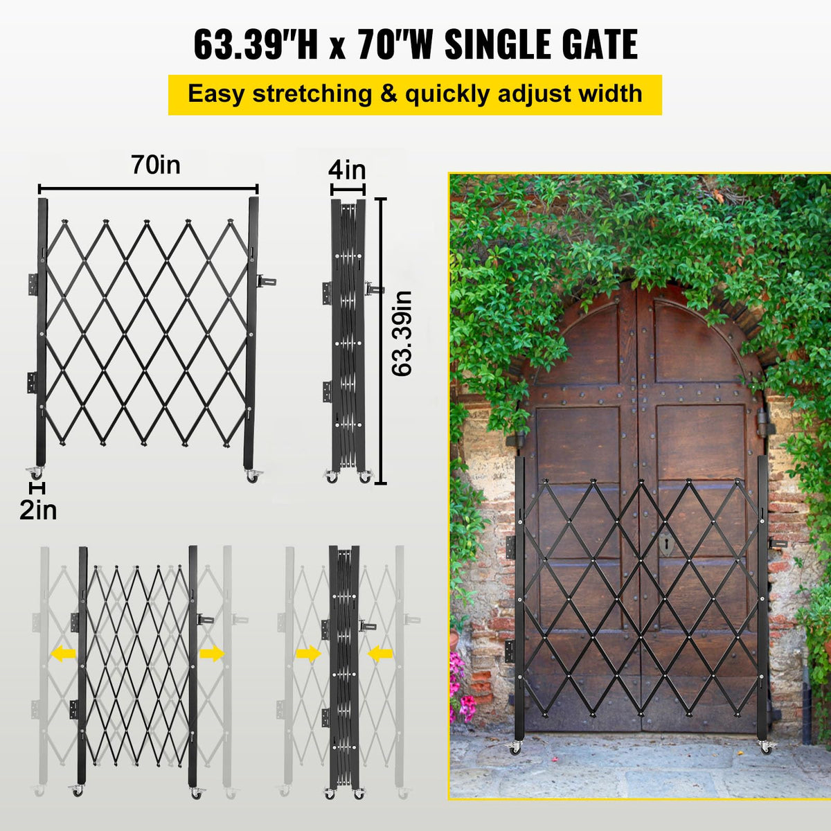 VEVOR Single Folding Security Gate, 61" H x 71" W Folding Door Gate, Steel Accordion Security Gate, Flexible Expanding Security Gate, 360° Rolling Barricade Gate, Scissor Gate/Door with Padlock
