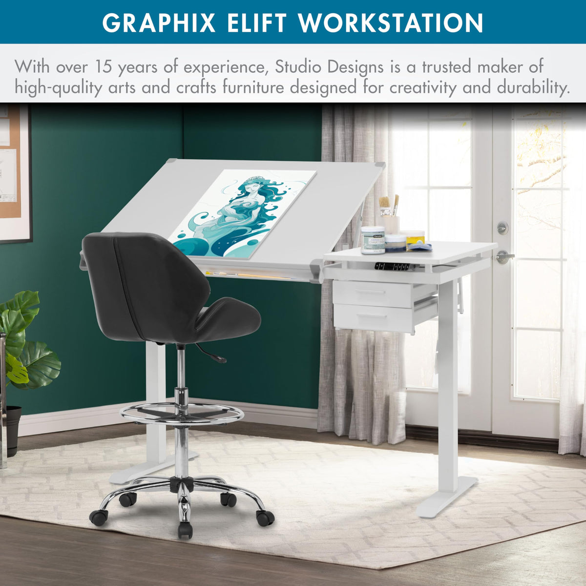 Studio Designs Graphix II, Split Top Height Adjustable Drafting, Drawing Table, eLift