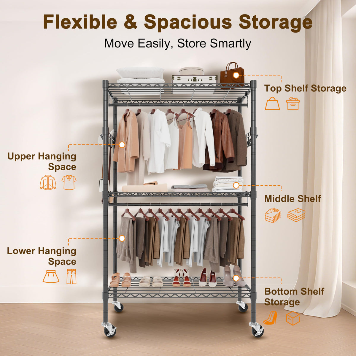 Whitmor 3 Tier Rolling Garment Rack, Heavy Duty Adjustable Metal Clothing Rack with Side Hooks, Double Rods & 360° Lockable Wheels, Max 600LBS for Hanging Clothes, 35.4" L x 16" W x 77" H, Black