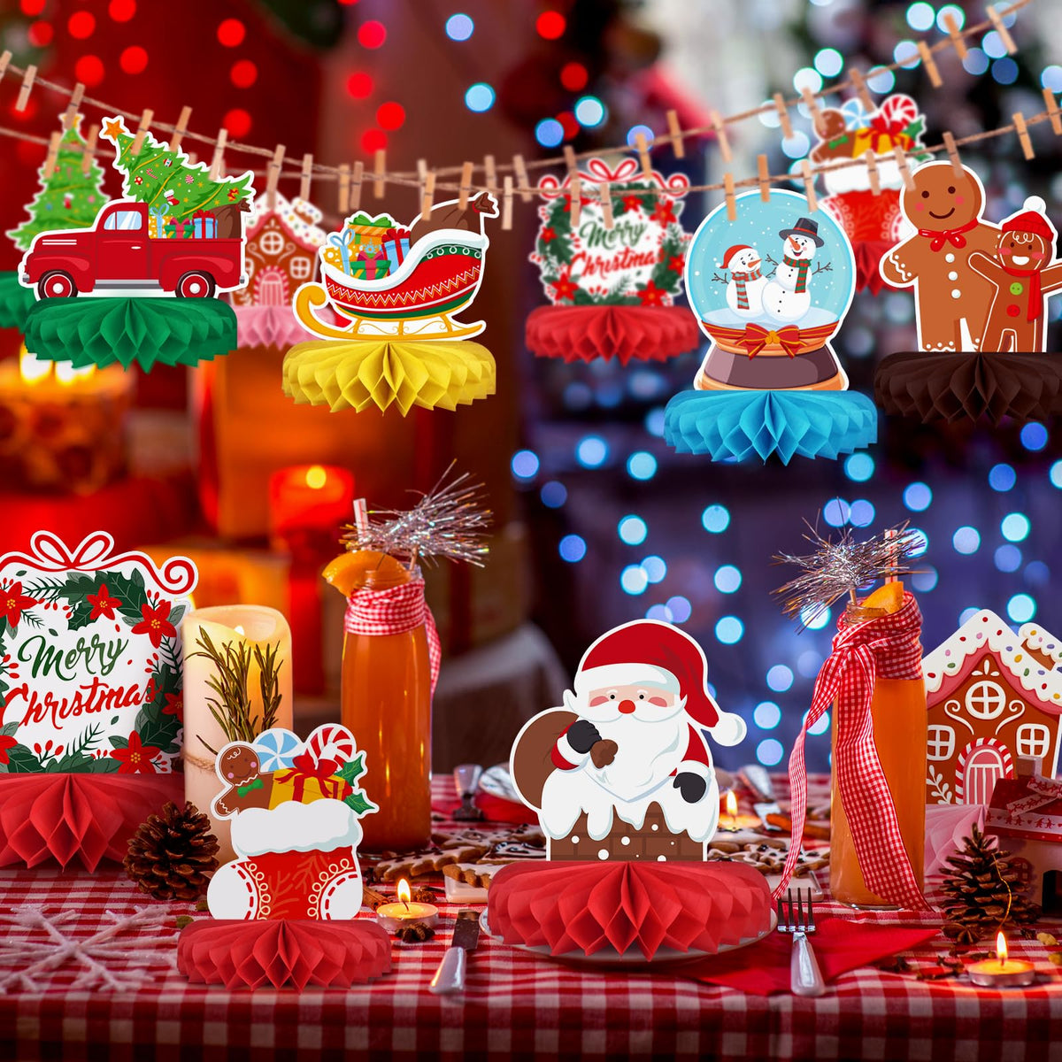 Merry Christmas Party Decorations Bundle - Includes Festive Christmas Honeycomb Centerpieces ，Santa Claus Snowman Table Toppers, Perfect for Classroom Decor, Christmas & Winter Birthday Party Supplies
