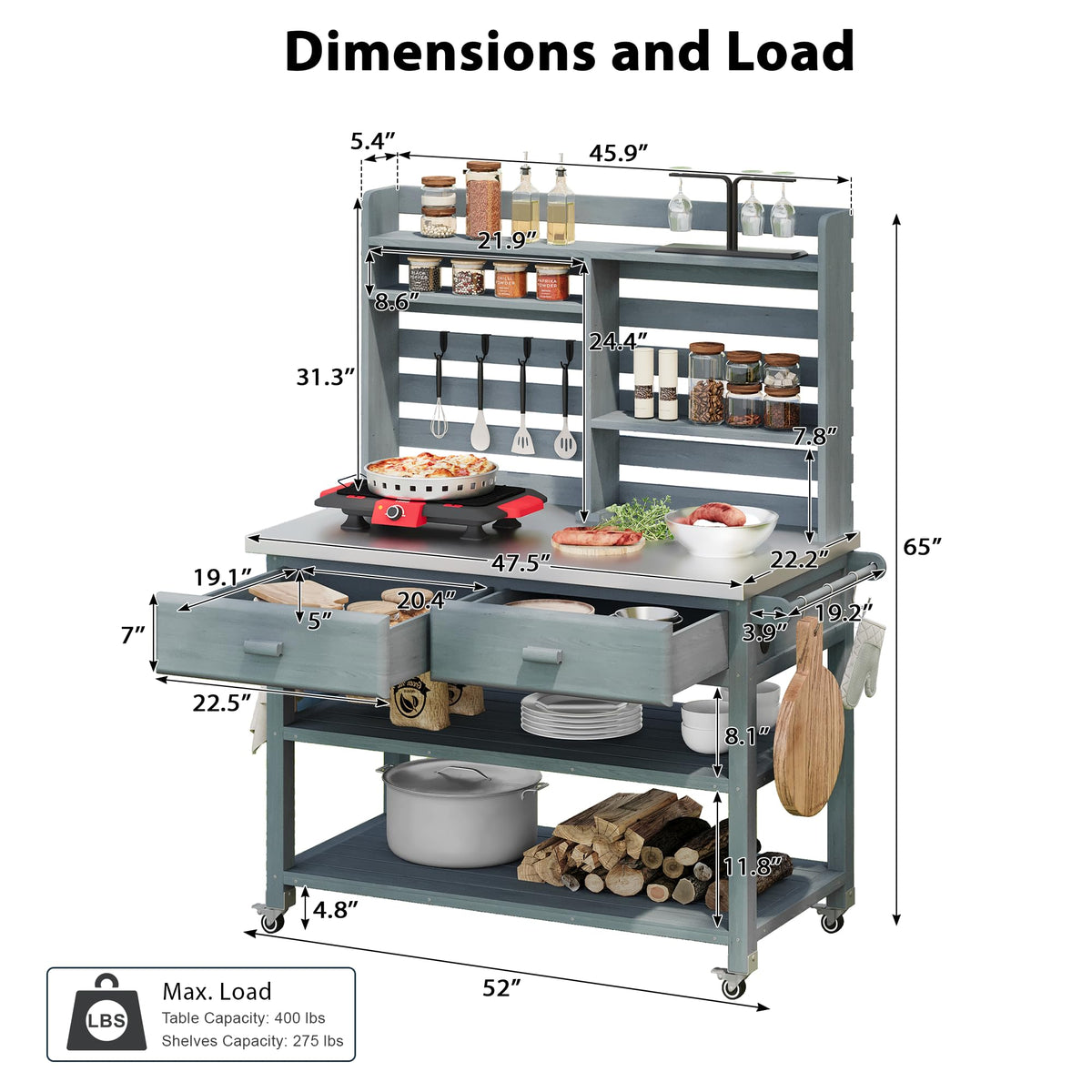 Merax 64.9"H Outdoor Potting Bench Table with Lockable Wheels, Solid Wood Outdoor Kitchen Island with Upper Hutch, Stainless Steel Top, Towel Rack, Outdoor Storage for Grilling, Lawn Garden, Grey Blue
