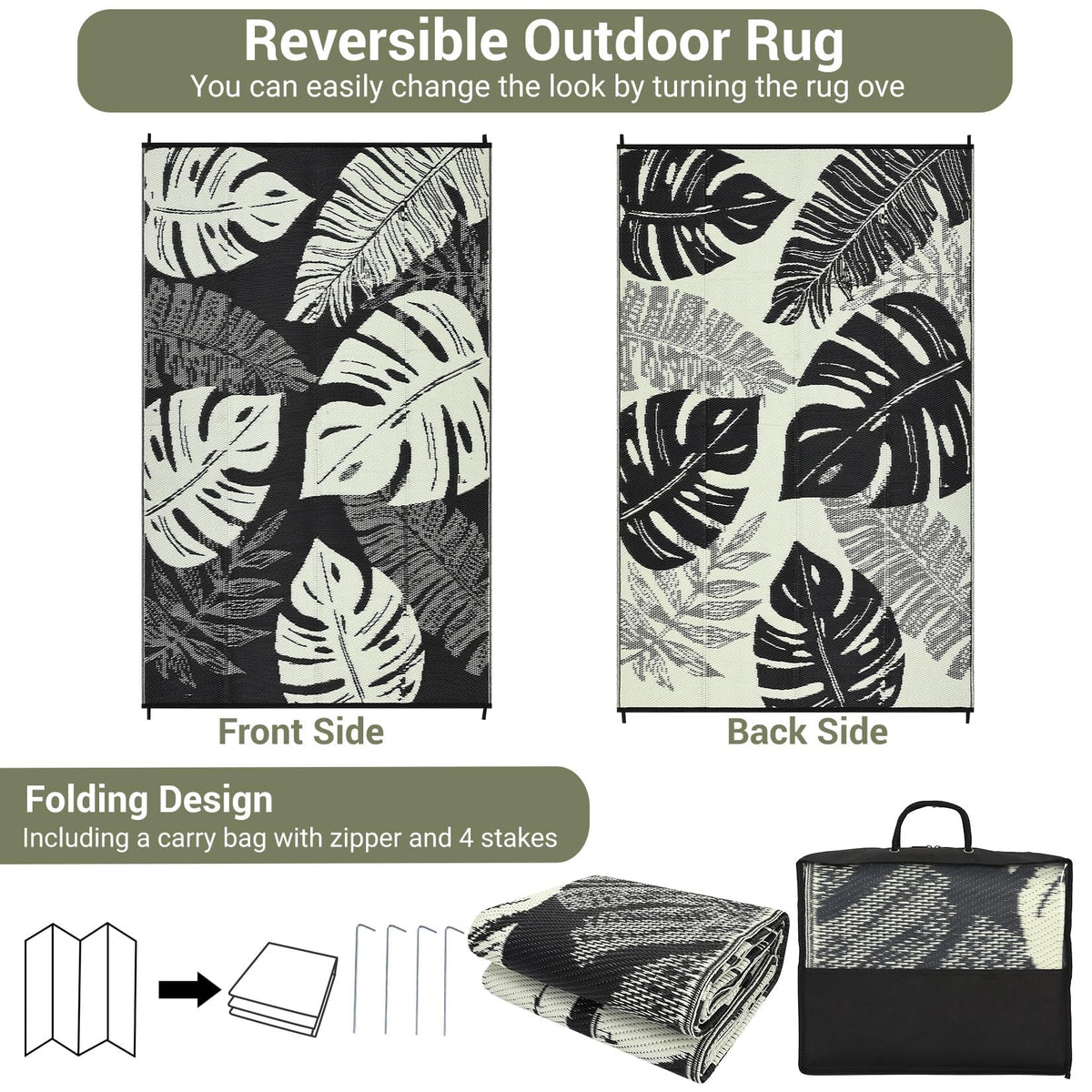 MilleLoom Waterproof Plastic Straw Outdoor Rug 9x18 Patio Reversible UV Resistant Foldable Camping Carpet Modern Leaf Print Large Outdoor Rugs for Deck, Porch, Camper, Balcony, Beach，Black/Beige