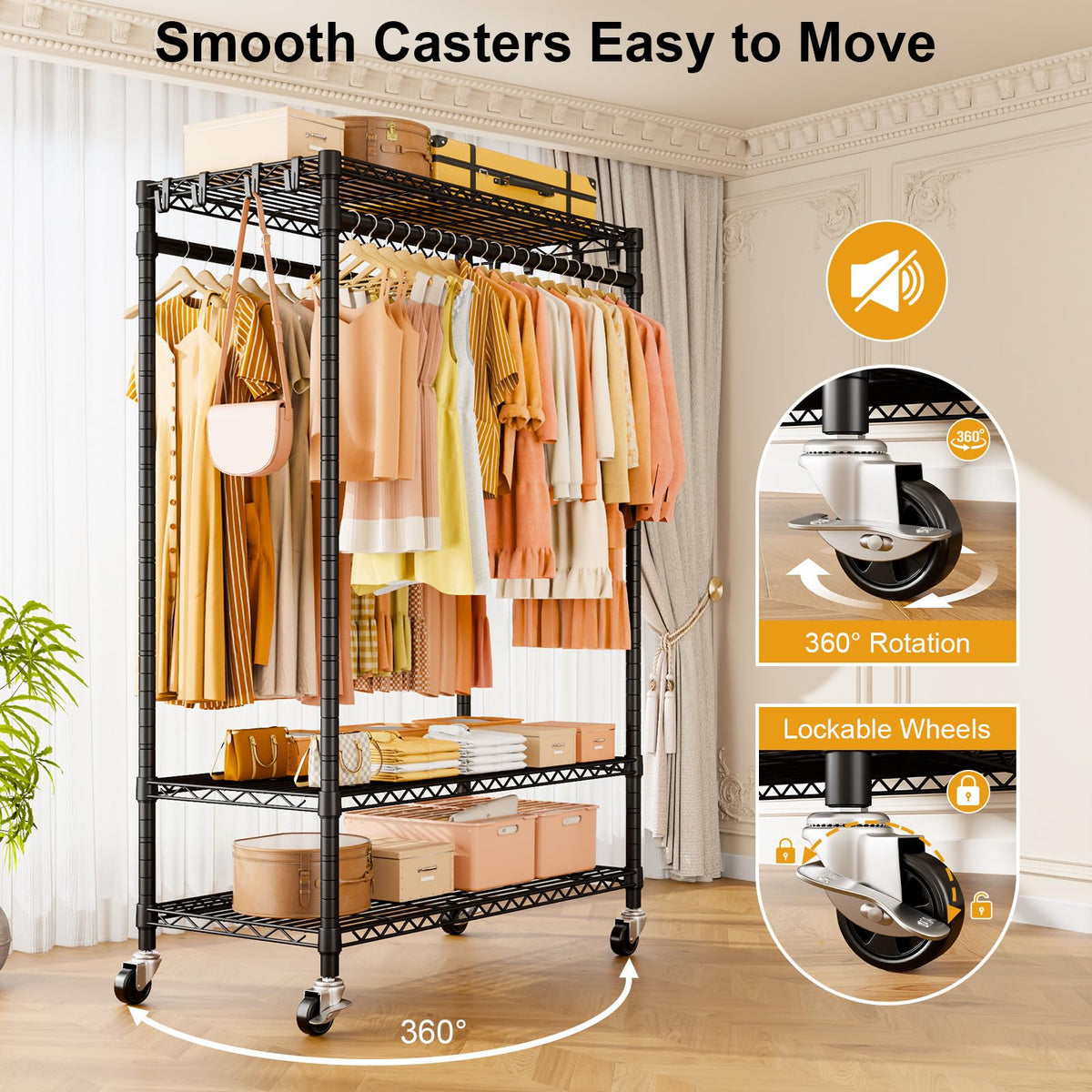 ULIFHOME P7 Rolling Clothes Rack, Clothing Racks for Hanging Clothes, Heavy Duty Garment Rack with Wheels, 3 Tiers Freestanding Portable Closet Rack 45''W × 20.5''D × 80.5''H, Max Load 480 lbs, Black