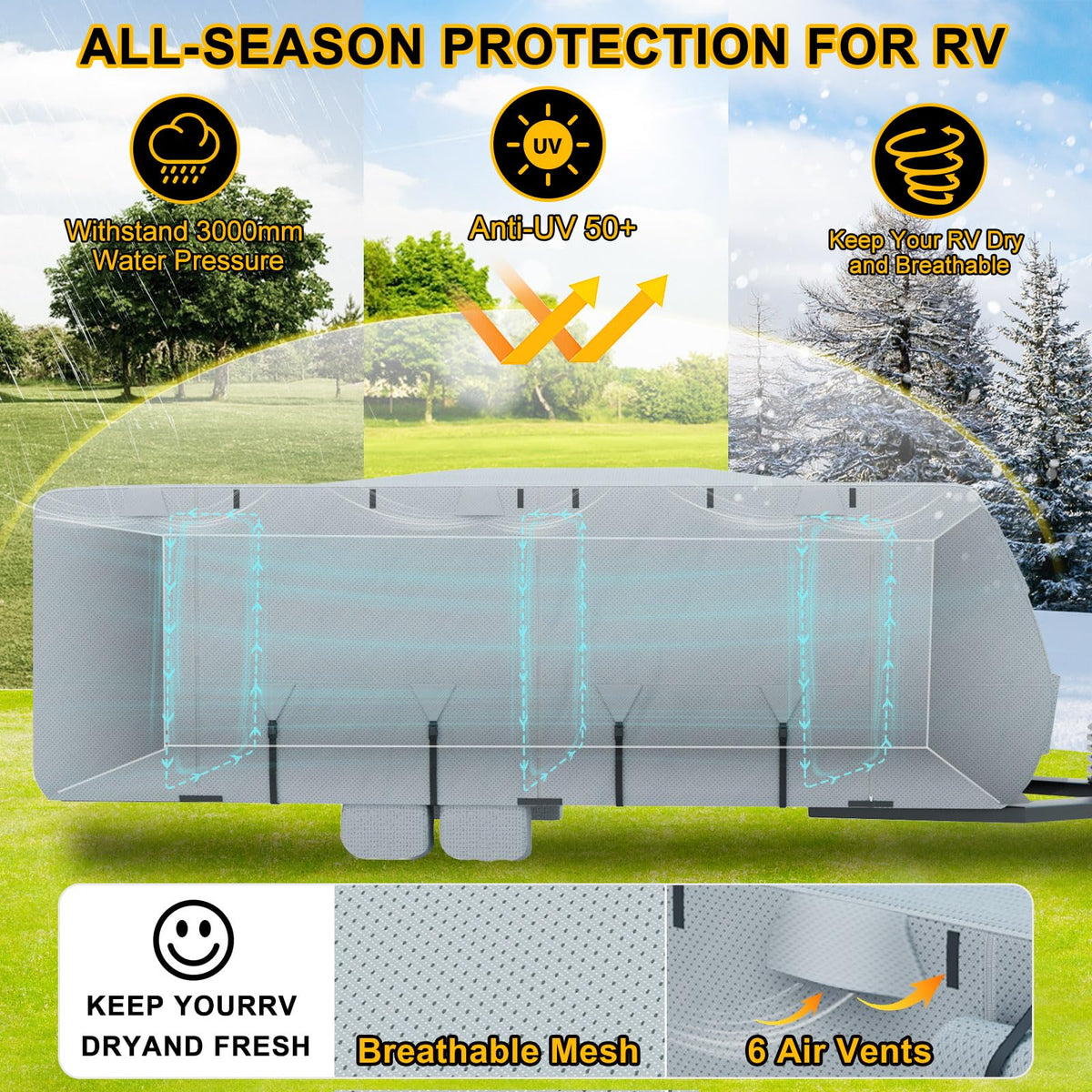 DenForste RV Cover 33-35ft, Travel Trailer Heavy Duty Extra-Thick 8 Layers Anti-UV Waterproof Windproof Camper Cover with Tongue Jack Cover, Extra Windproof Ropes, Gutter Covers