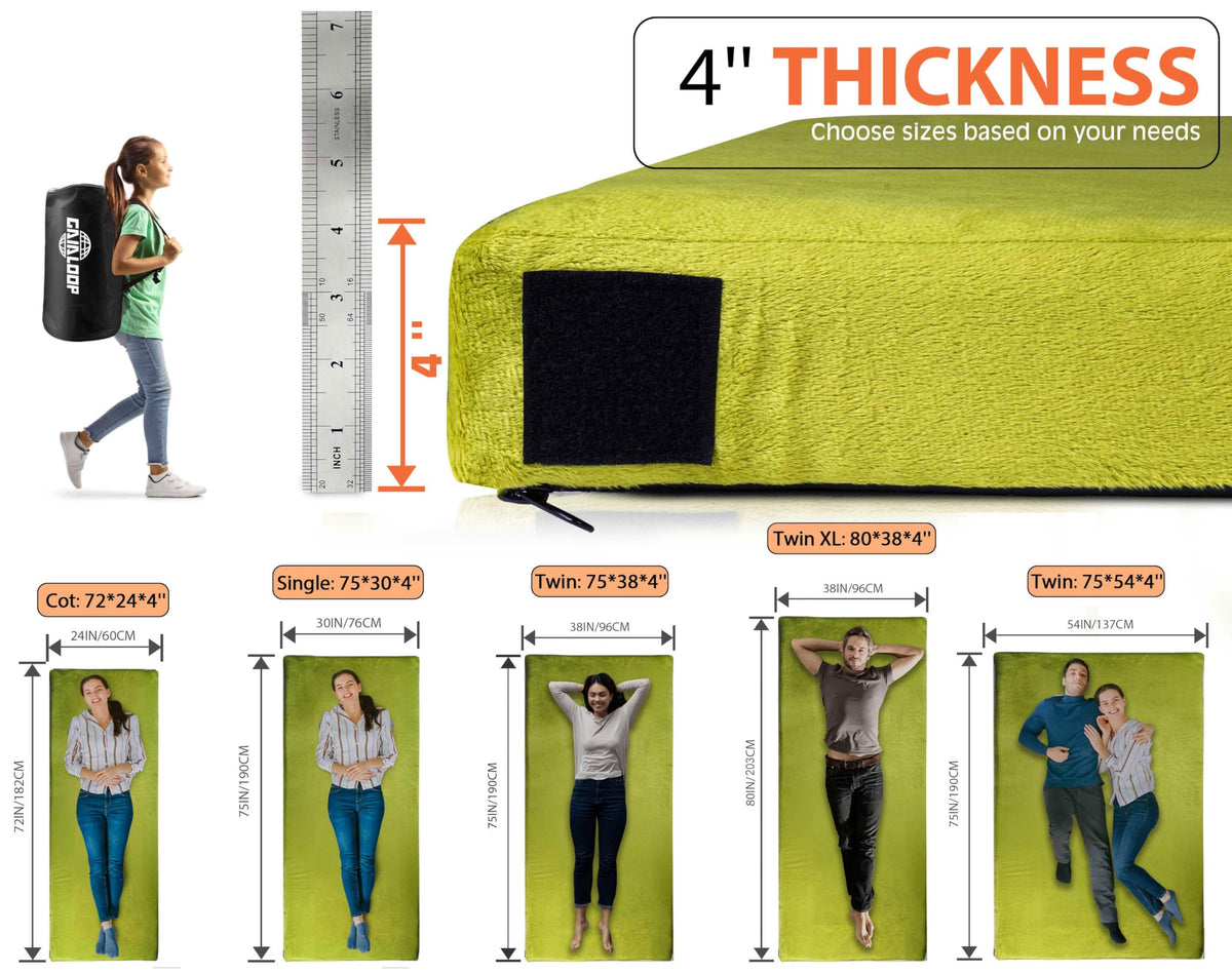 GAIALOOP 4 INCH Thick Memory Foam Camping Mattress, Roll Up Floor Sleeping Mat Camp Cot Mattress Pad Travel Camping Couch Bed for Guest Adults Side Sleepers [Full:75 * 54 * 4"]