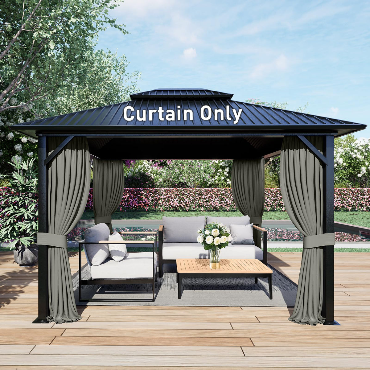 Aoodor 10x12 ft Outdoor Gazebo Curtains, 4 Panels Waterproof Privacy Sidewall Replacement with Zipper for Patio Pergola and Canopy, Gray