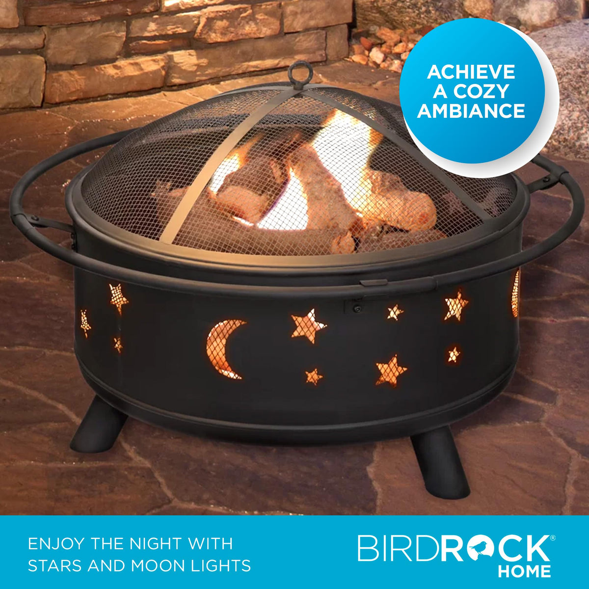 BIRDROCK HOME 30″ Round Wood-Burning Fire Pit – Portable Outdoor Patio & Garden Fire Bowl with Stars & Moon Cut-Outs, Spark Screen, Built-in Grate, 4 Roasting Sticks & Fire Poker - Black