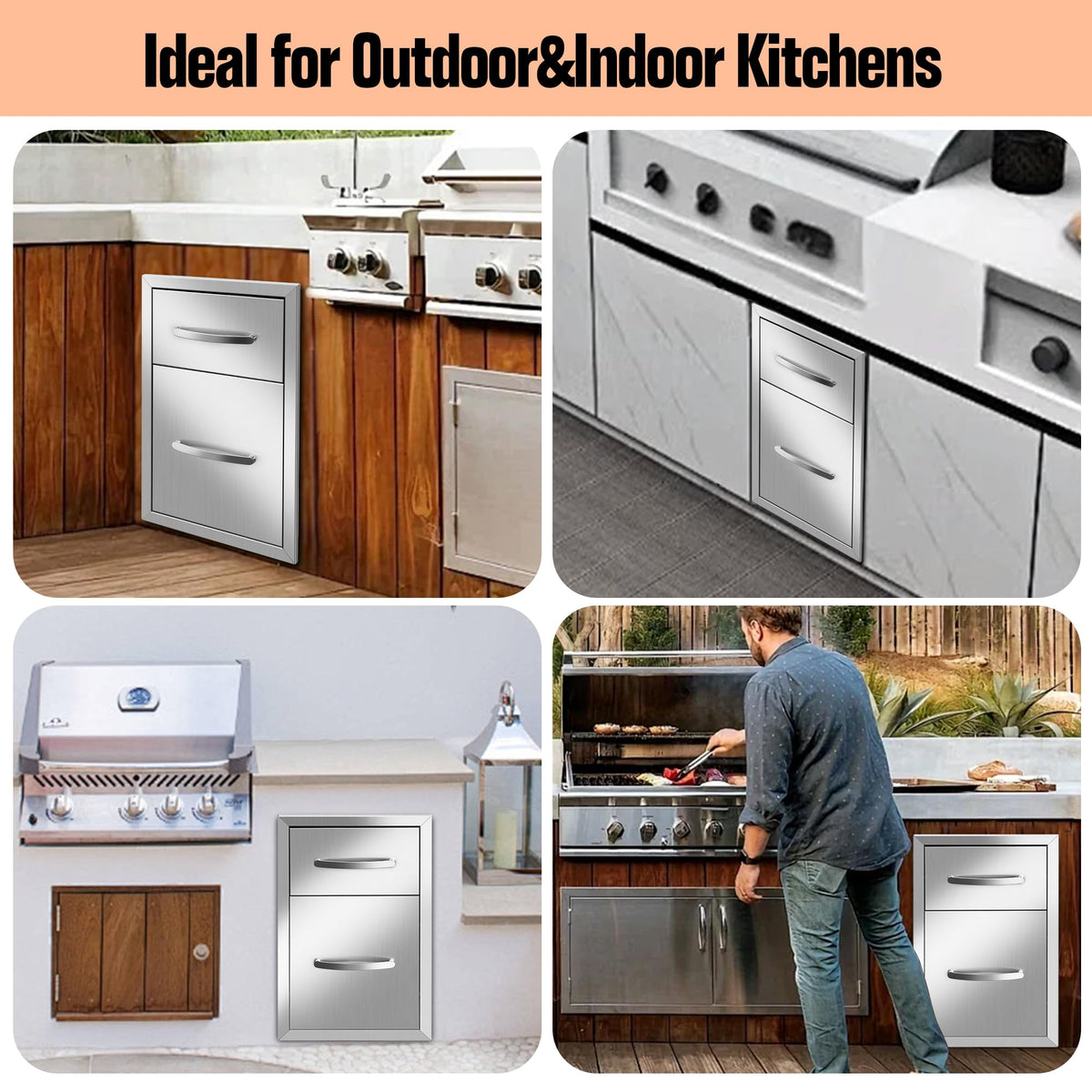 KODOM Outdoor Kitchen Double Drawers 13W x 20H x 21D Inch, Flush Mount Access BBQ Island Drawers for Outdoor Kitchens or Patio Grill Station