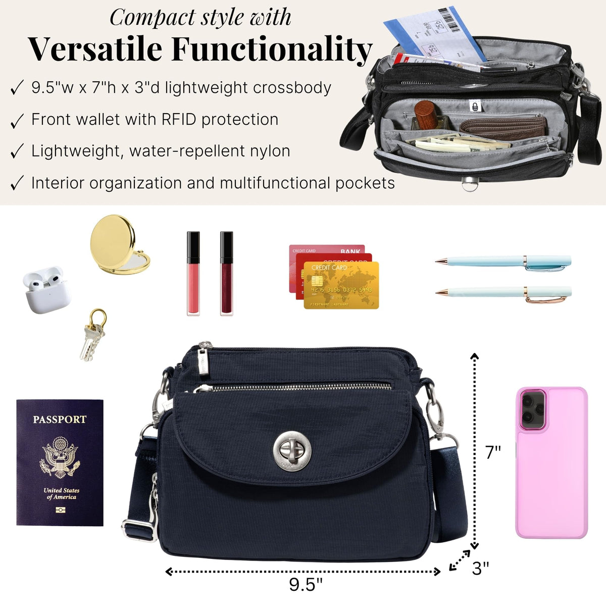 Baggallini Women's Calais Crossbody Bag, French Navy