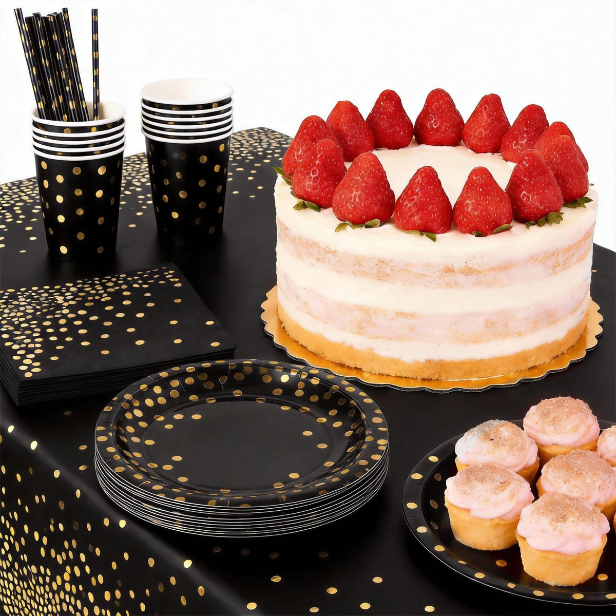 PHOGARY 61 Pcs Black Gold Disposable Tableware Set, Paper Plates and Napkins Party Supplies Dinnerware Golden Dot Black Plates Cups Straws Napkins Plastic Tablecloths for Birthday Party Decorations