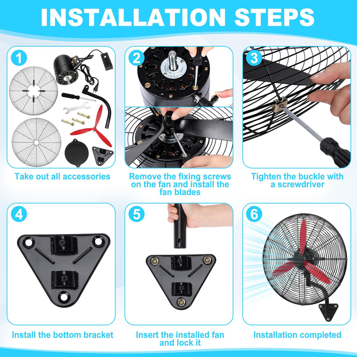 Aurelema 2 Set 22 Inch Wall Mount Fan Oscillating Industrial Heavy Duty Metal 3 Speed Red Blade Fan, 7500 CFM, with Powerful Cooling, for Commercial Residential Garage Warehouse Workshops Factory