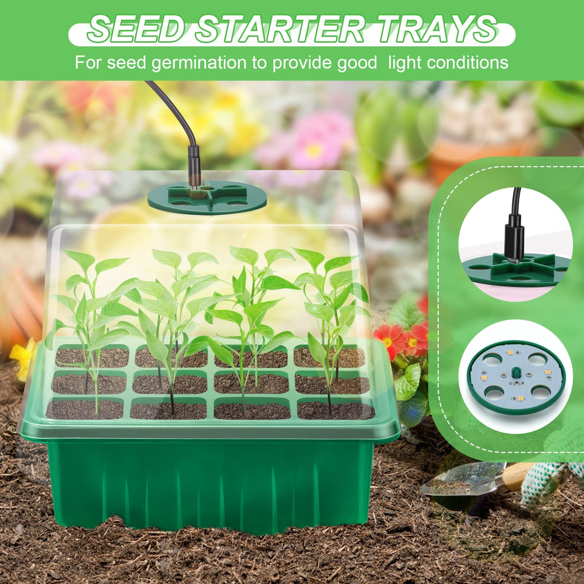 Lunies 6 Packs Seed Starter Tray with Grow Light, Indoor Greenhouse Seeding Starter Trays for Planting, Base Gardening Plant Germination Kit, Seed Starter Kit with Humidity Domes, (12 Cells per Tray)