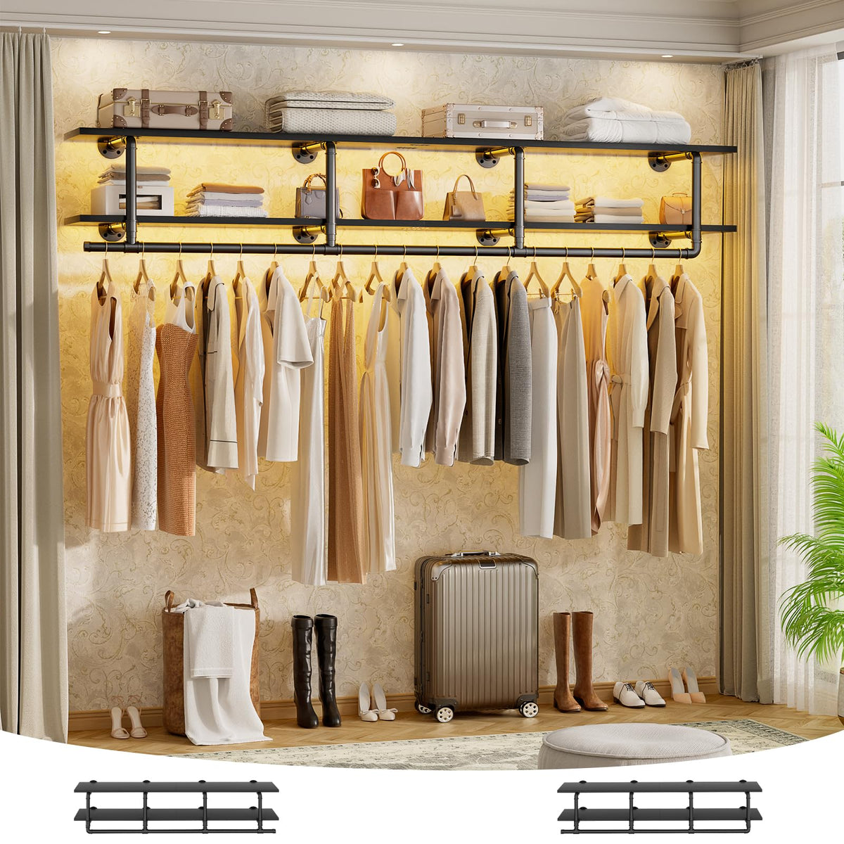Aheaplus Industrial Pipe Clothes Rack with Top Shelf, 59In Space-Saving Wall Mounted Clothing Rack, 2 Tiers Heavy Duty Pipe Clothing Shelves with Hanging Rod for Laundry Room, Closet Storage, Black