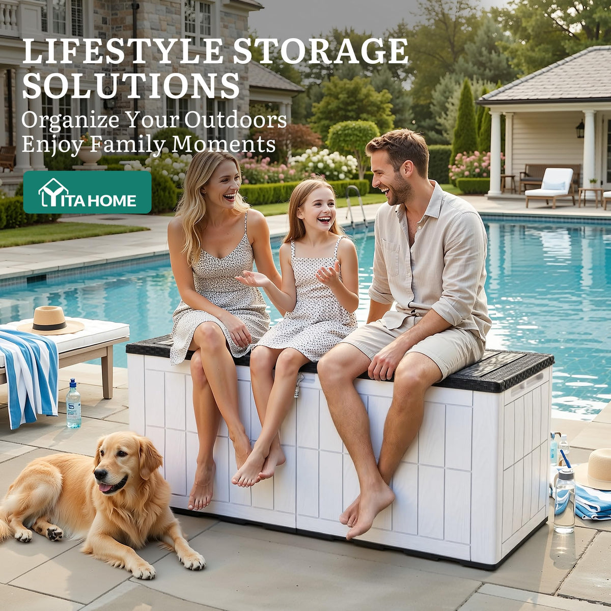 YITAHOME 134 Gallon Large Outdoor Storage Box with Lock, Waterproof Resin Deck Box w/Hydraulic Piston for Garden Tools, Pool Accessories & Cushions(Black & Grayish-White)