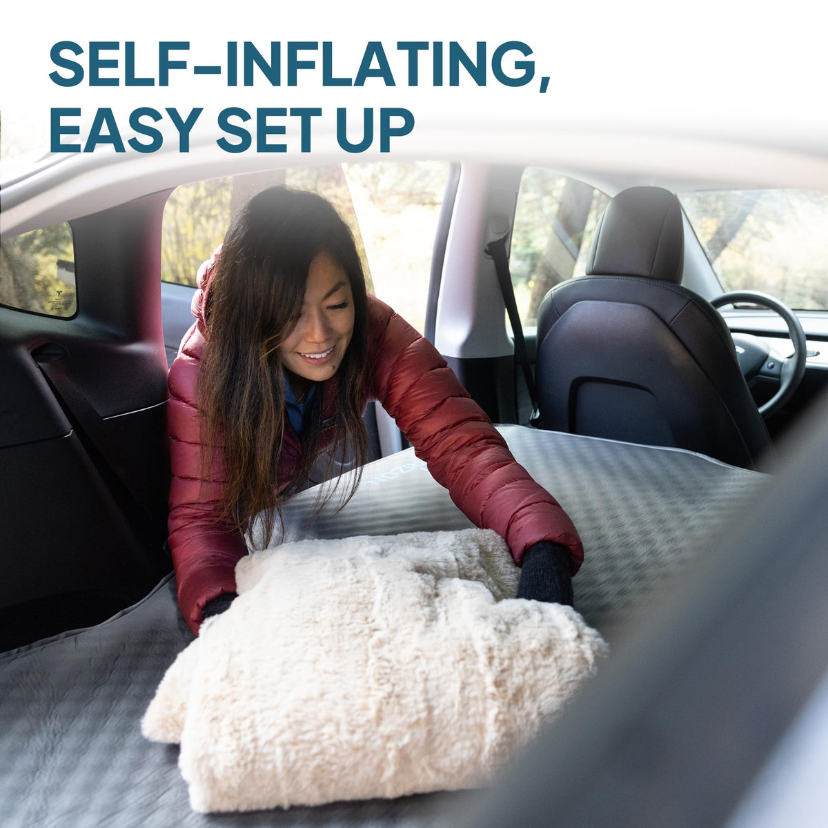 Lost Horizon Air & Foam Camping Mattress for Tesla, Self Inflating Sleeping Pad with Pump Sack, 4.5" Thick, R-Value 13, Model Y