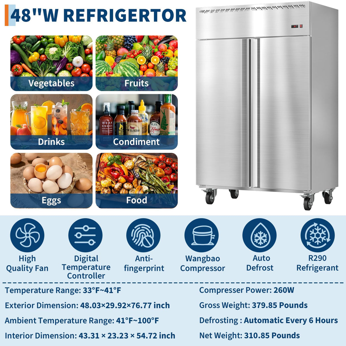 48 Inch Wide Commercial Refrigerator, 36 Cu.ft Upright Refrigerator Only No Freezer, 2 Door 2 Section industrial fridge with Auto Defrost & 6 Adjustable Shelves for Restaurant, Bar, Kitchen, Shop