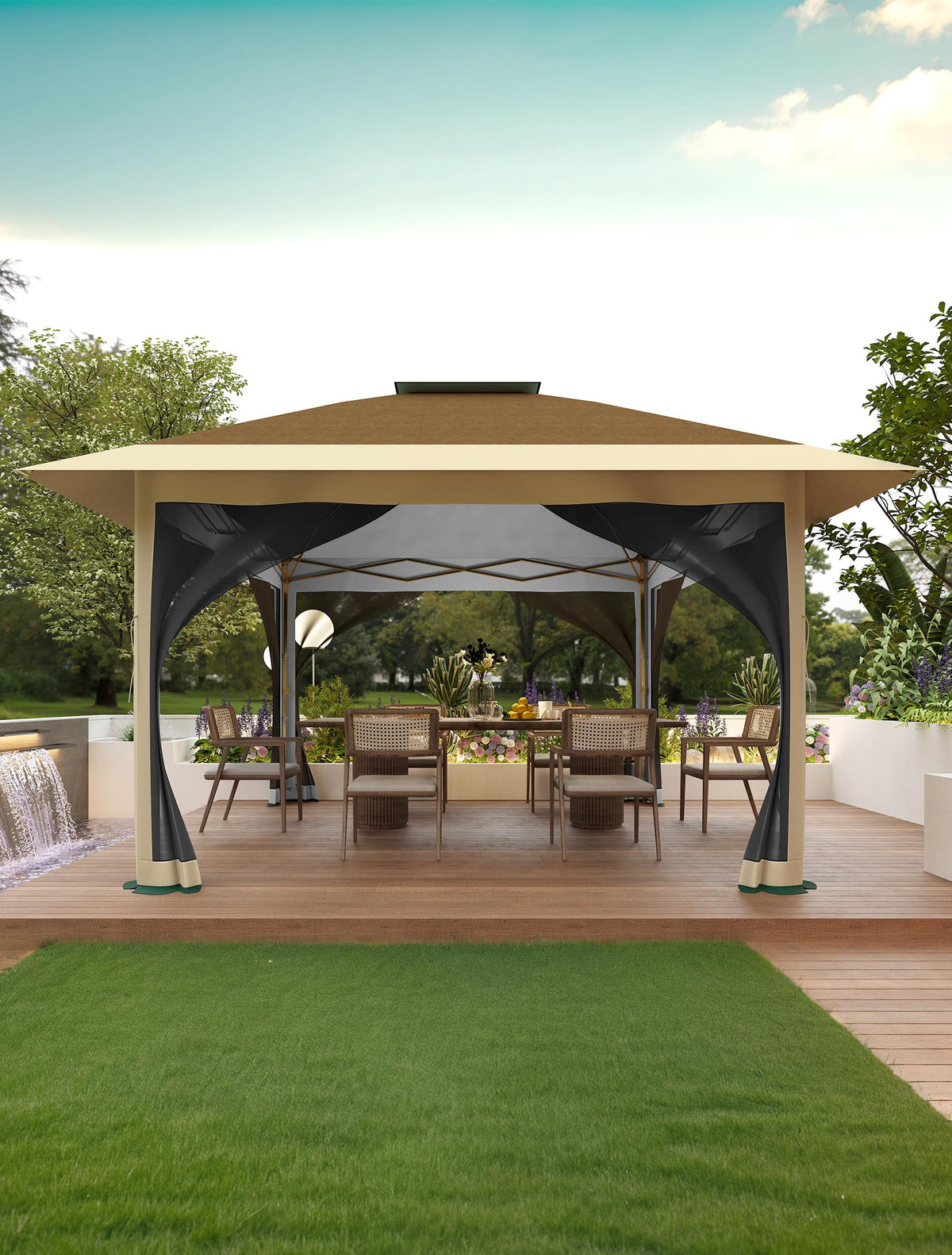 KYBOLT 12x12 Pop Up Gazebo Instant Canopy Tent with Netting 4 Stanbags Outdoor Shelter for Lawn, Garden, Backyard, Deck (Khaki + Dark Khaki)