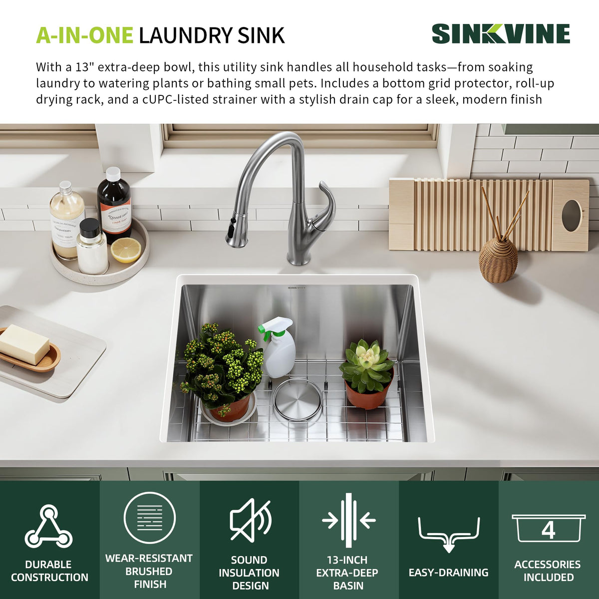 SINKVINE 23-inch Undermount Laundry Utility Sink - 23x19x13 Extra Deep Stainless Steel Single Bowl Basin with Drain Strainer, Bottom Grid & Drying Unit for Laundry Room, Outdoor, Garage, Kitchen Use